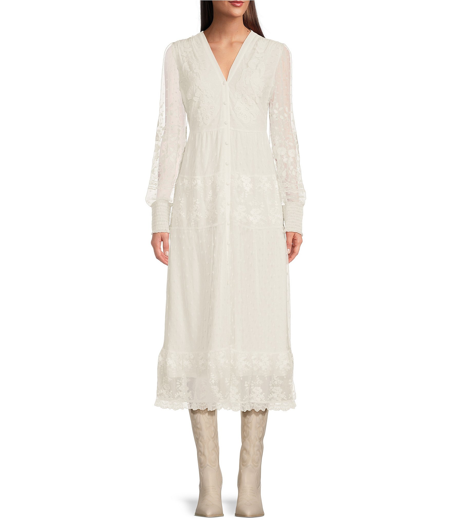 Reba Embroidered Mesh Lace Button Front Tiered Midi Dress | Dillard's
