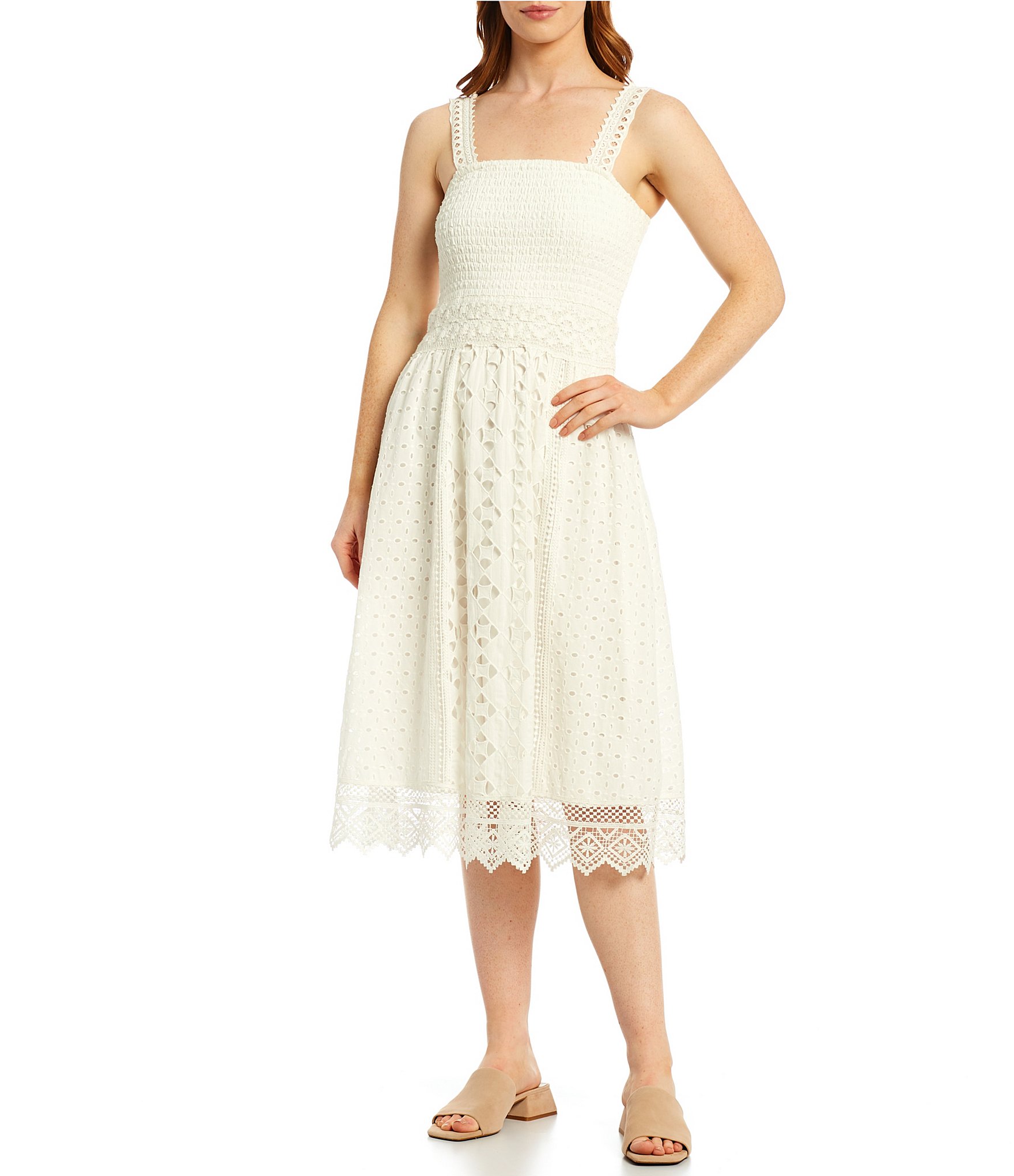 square neck eyelet midi dress