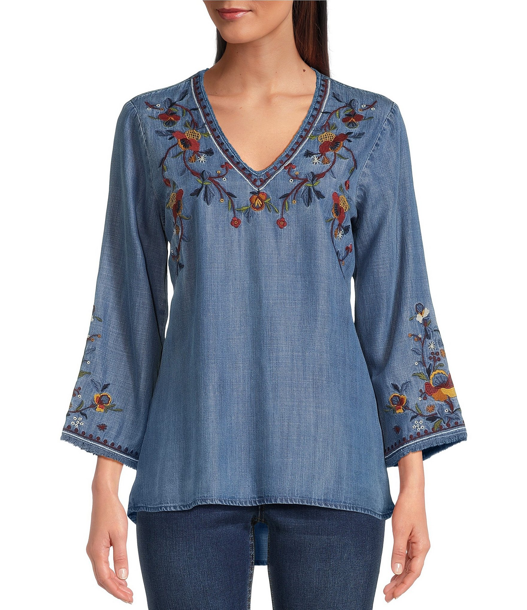 Reba Hailey Chambray Floral Embroidered V-Neck Tunic | Dillard's