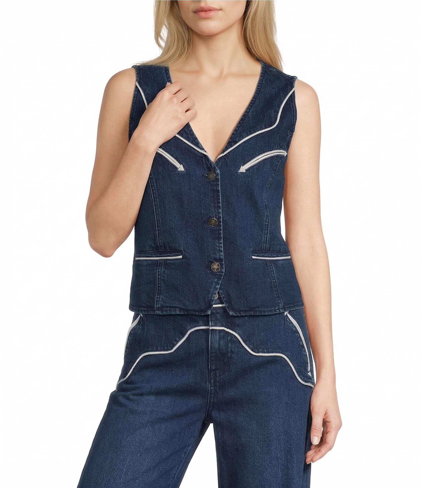 Reba Jenny Denim V-Neck Button Front Coordinating Vest