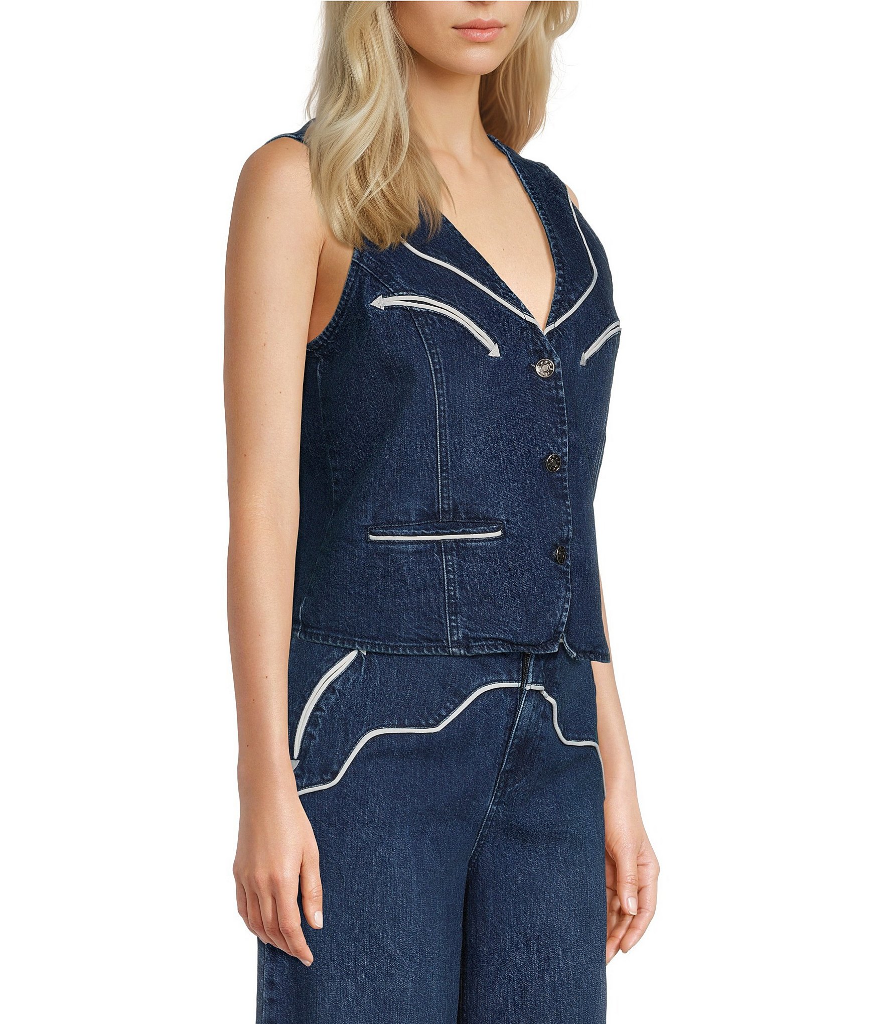 Reba Jenny Denim V-Neck Button Front Coordinating Vest