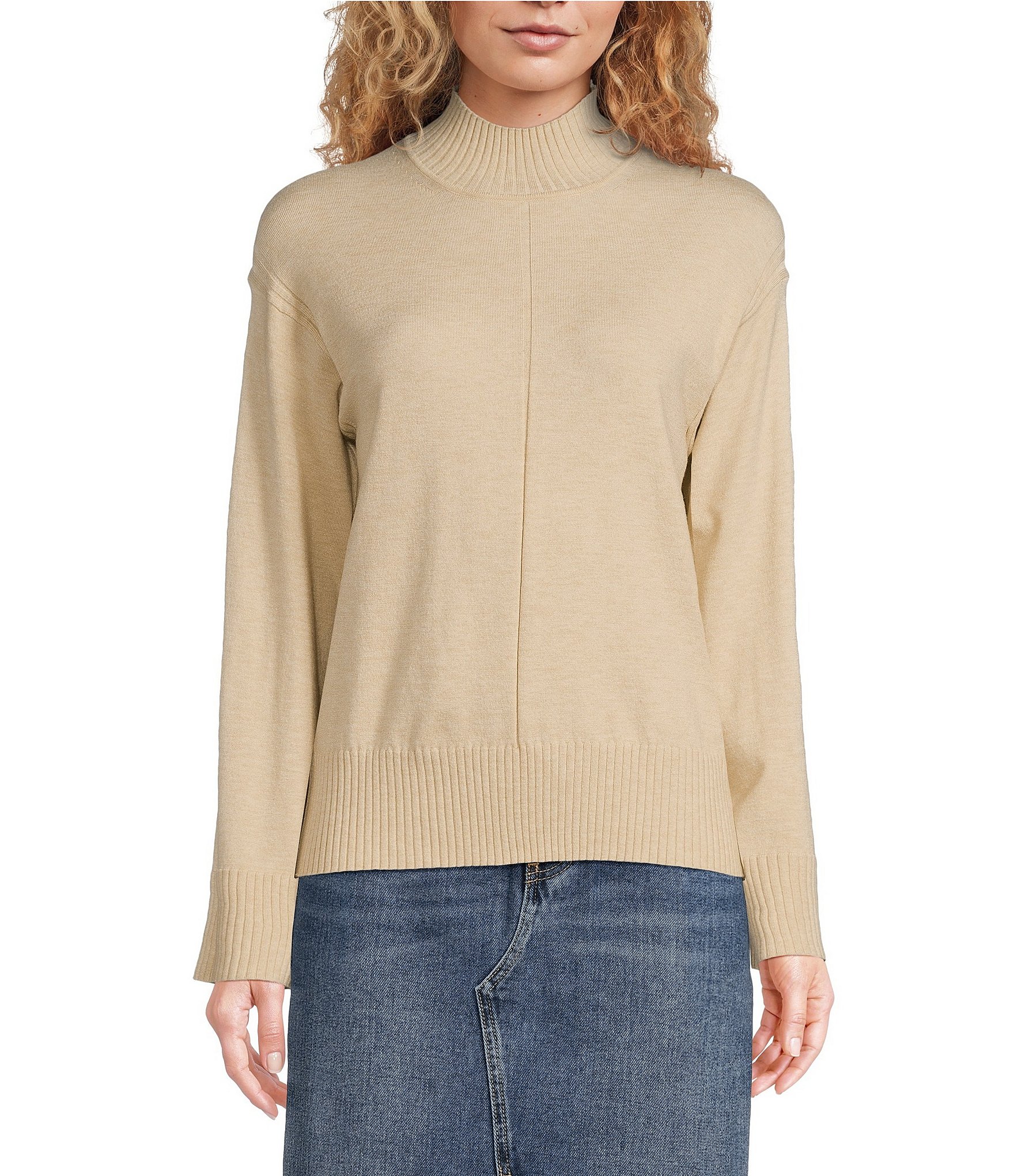 Reba Katrina Jersey Knit Mock Neckline Long Sleeve Open Side Slit Sweater