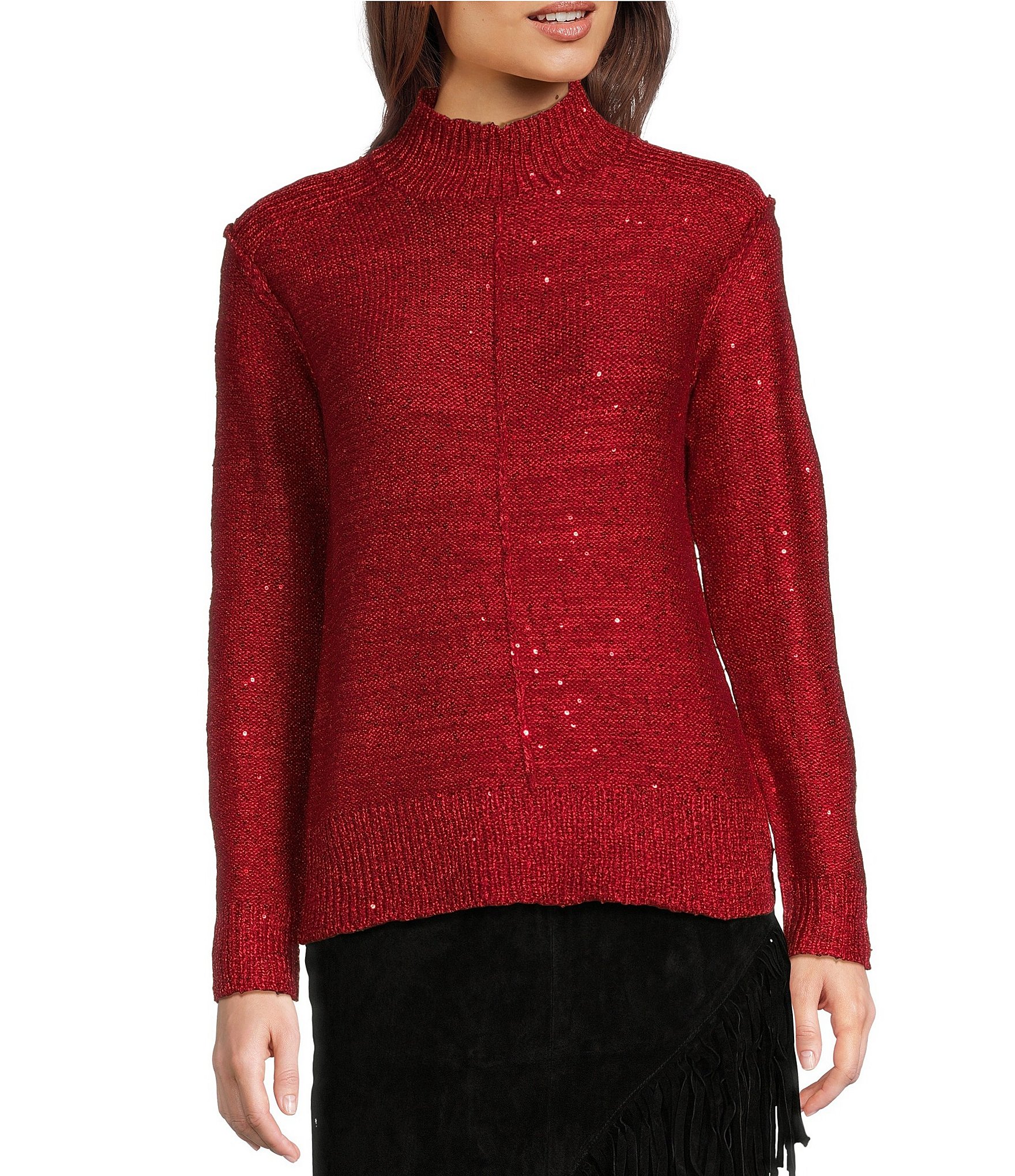 Reba Katrina Knit Sequin Mock Neck Long Sleeve Pullover Sweater