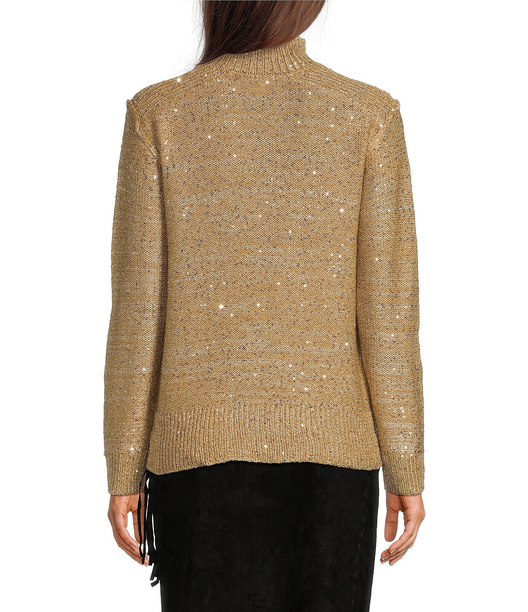 Reba Katrina Knit Sequin Mock Neck Long Sleeve Pullover Sweater