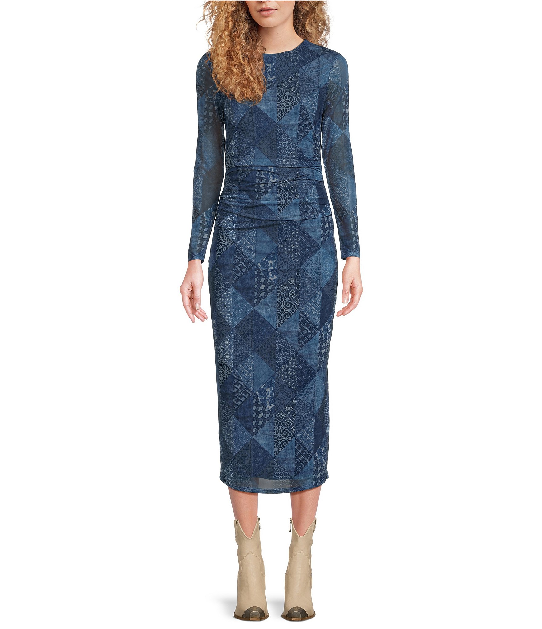 Reba Mesh Patchwork Graphic Print Crew Neck Long Sleeve Ruched Bodycon ...