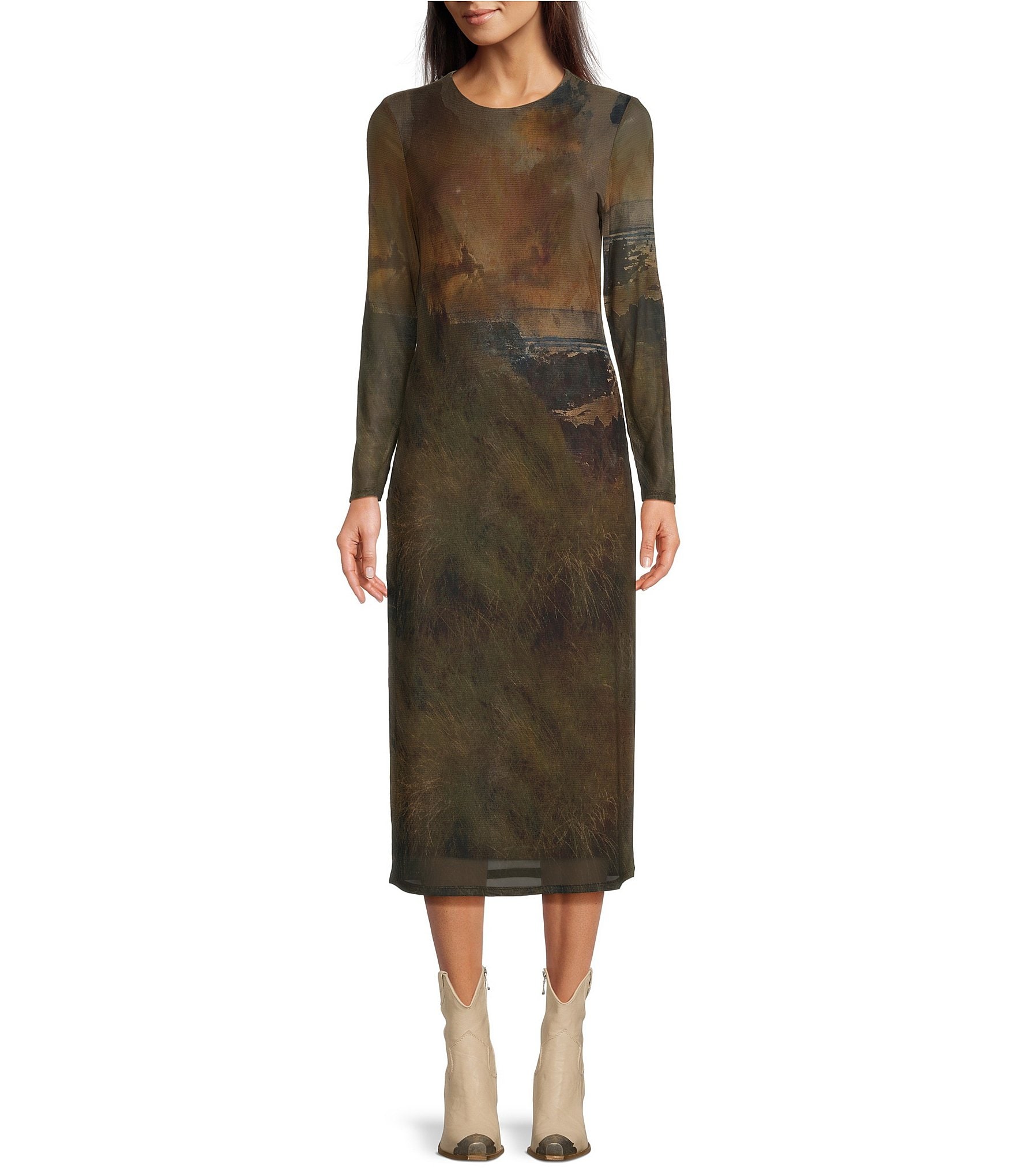 Reba Mesh Scenic Graphic Crew Neck Long Sleeve Column Sheath Midi Dress ... image.