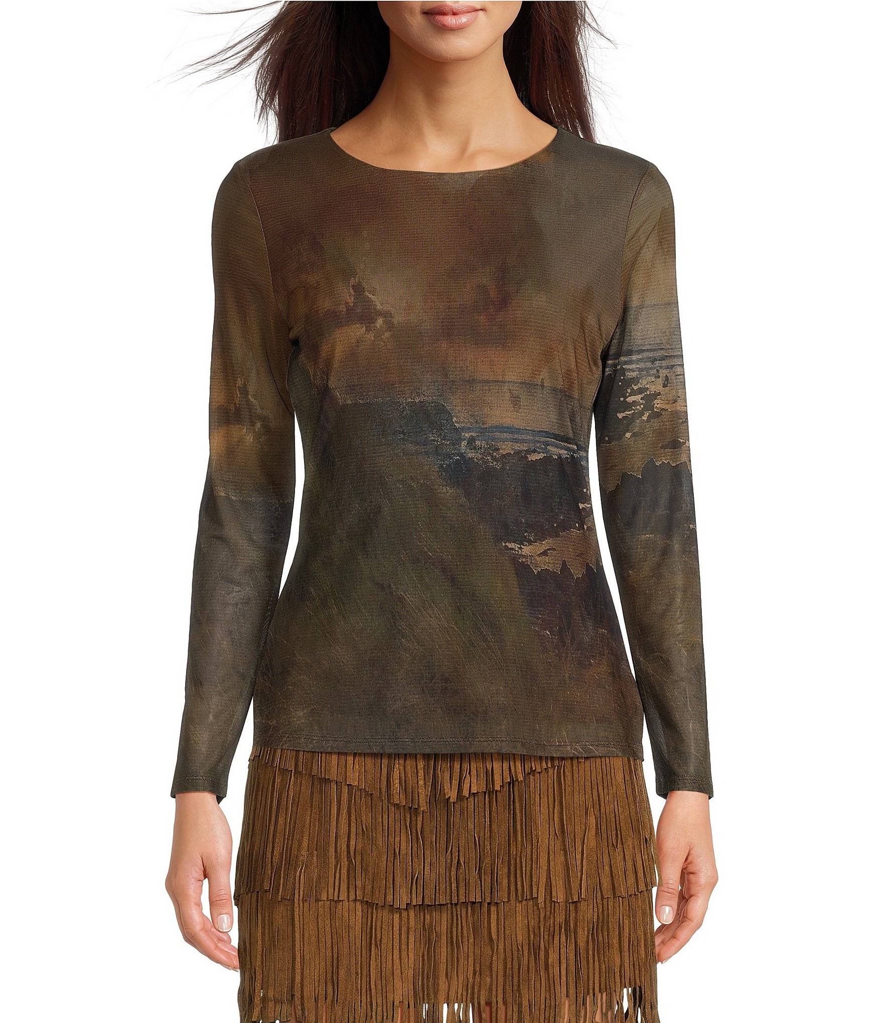 Reba Mesh Abstract Scenic Graphic Print Crew Neck Sheer Long Sleeve Tee ...