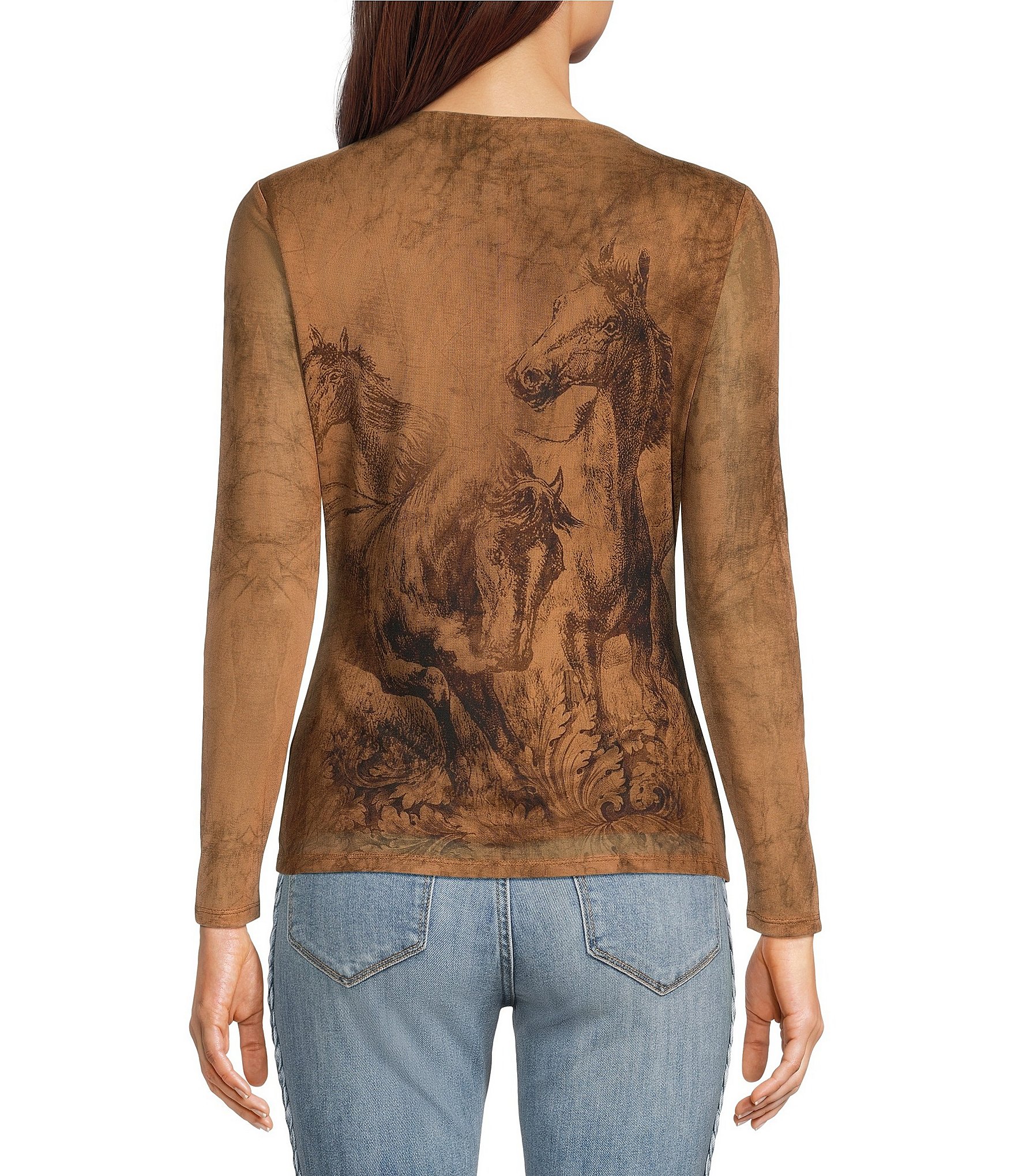 Reba Mesh Wild Mustang Graphic Print Crew Neck Sheer Long Sleeve Tee Shirt