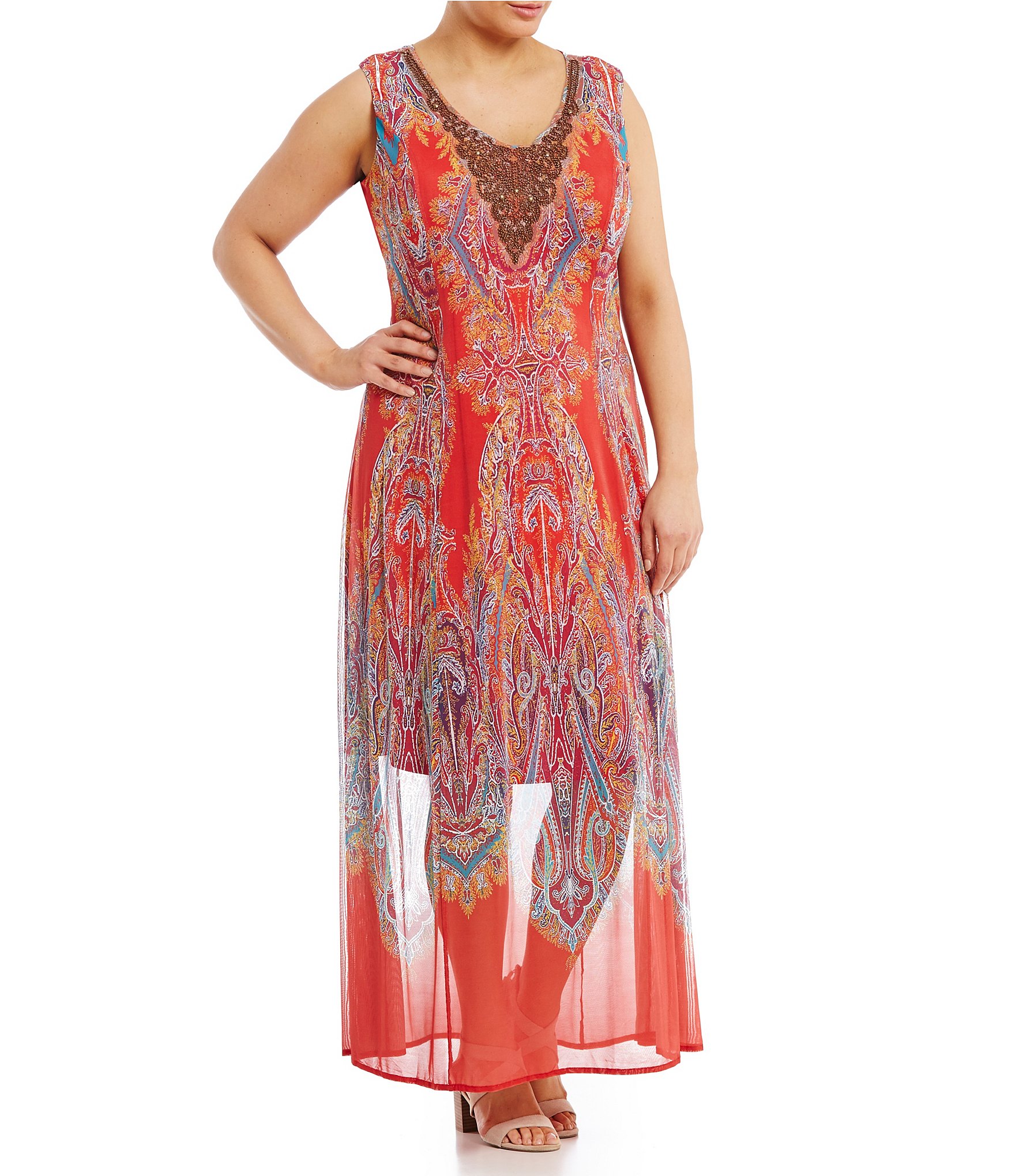 Reba Plus Embellished Printed Mesh Dress Dillards