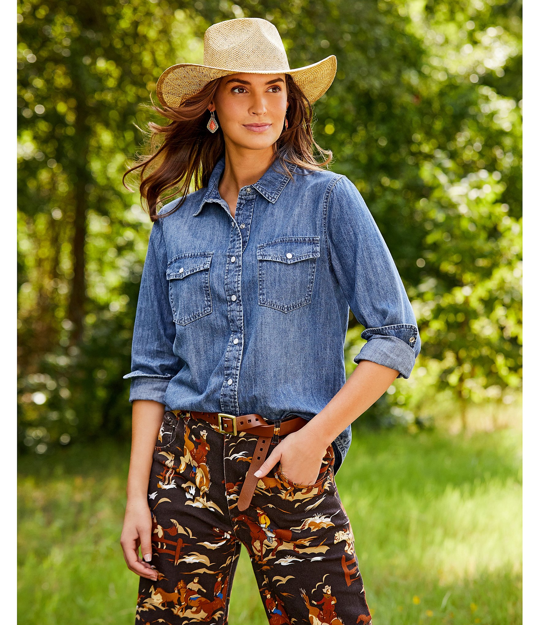 Reba Rodeo Cowboy Print Denim Twill High Rise Wide Leg Denim Jean