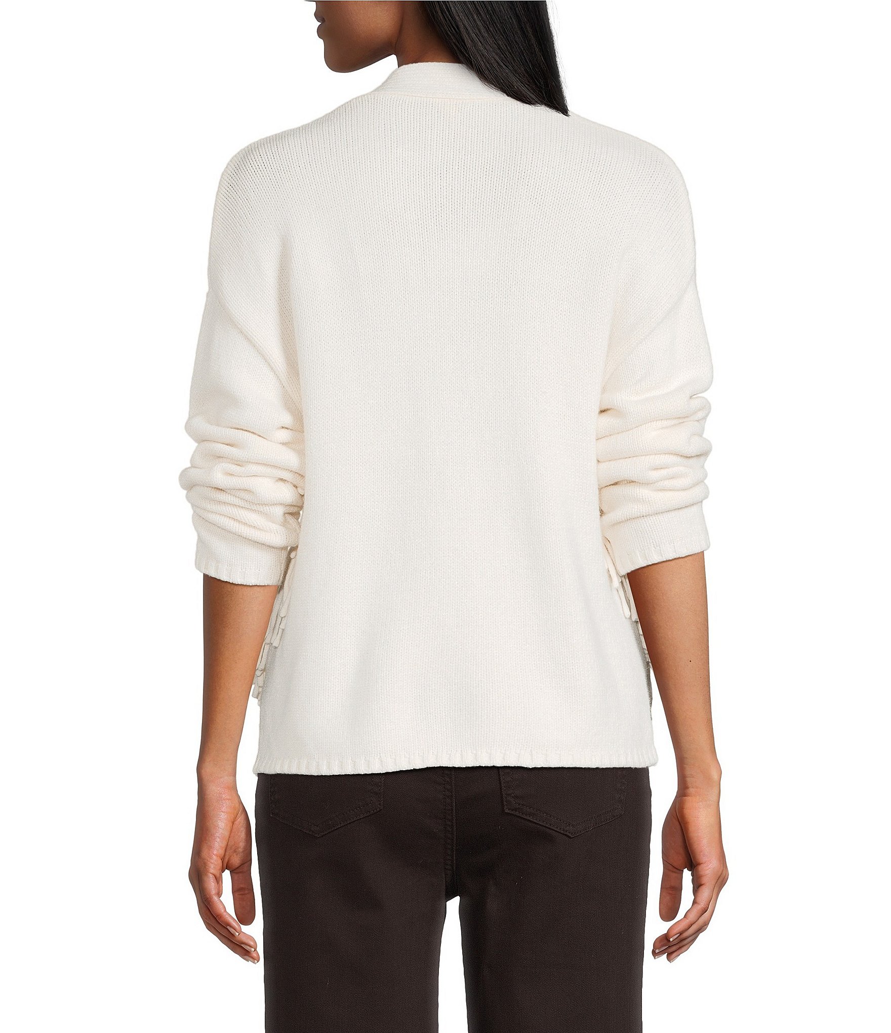 Reba Sage Knit V-Neck Asymmetrical Fringe Long Sleeve Button Down Cardigan