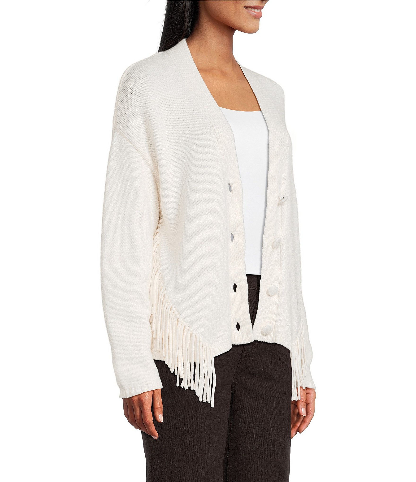 Reba Sage Knit V-Neck Asymmetrical Fringe Long Sleeve Button Down Cardigan
