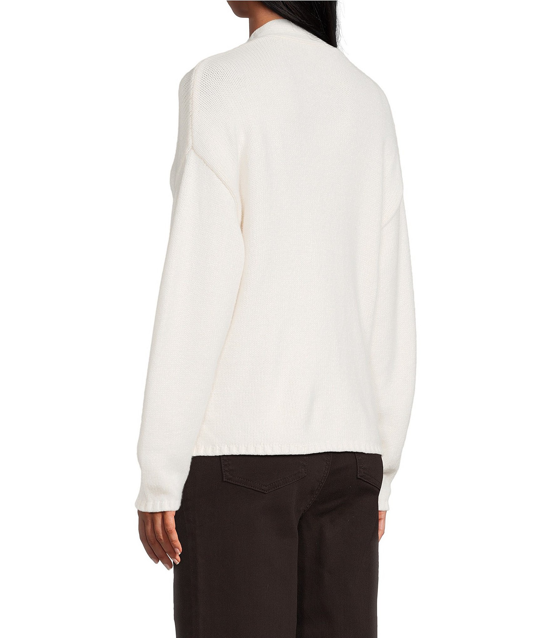 Reba Sage Knit V-Neck Asymmetrical Fringe Long Sleeve Button Down Cardigan