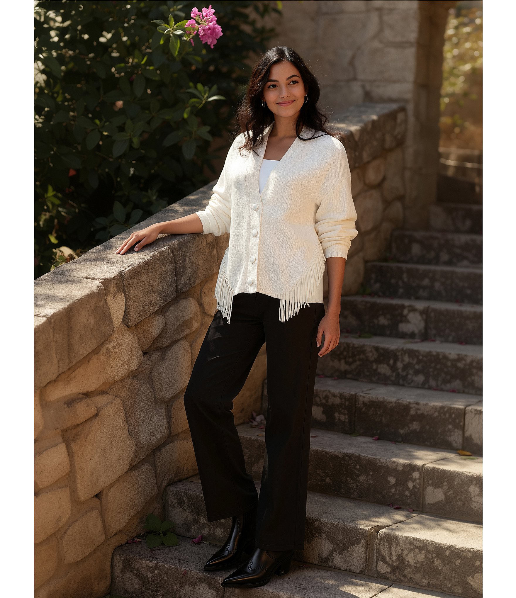 Reba Sage Knit V-Neck Asymmetrical Fringe Long Sleeve Button Down Cardigan