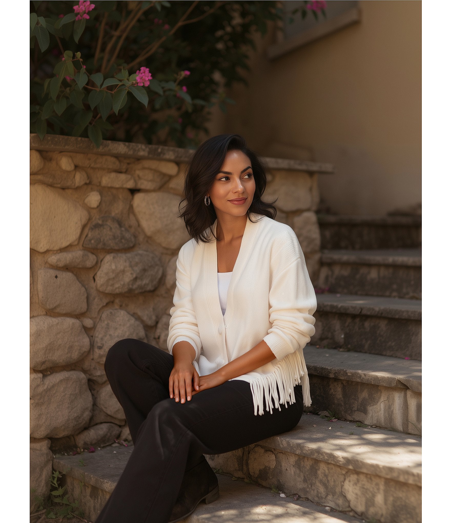 Reba Sage Knit V-Neck Asymmetrical Fringe Long Sleeve Button Down Cardigan