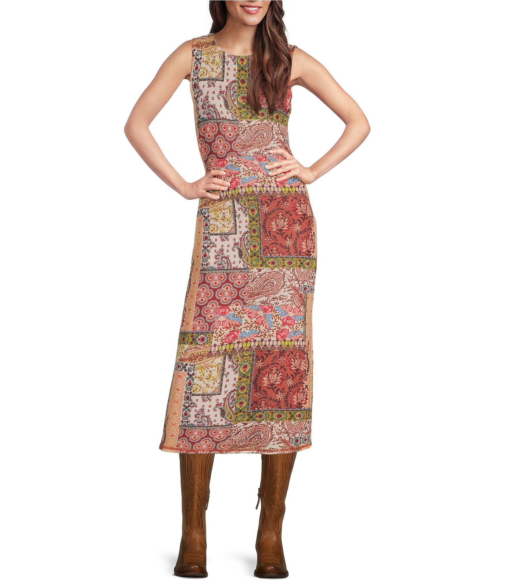 Reba Sleeveless Crew Neck Patchwork Print Mesh Midi Dress Dillard s