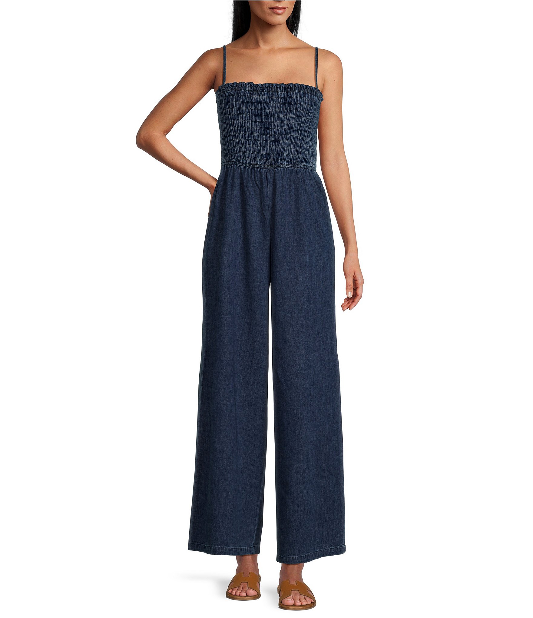 Reba Sleeveless Smocked Wide Leg Denim Jumpsuit | Dillard's