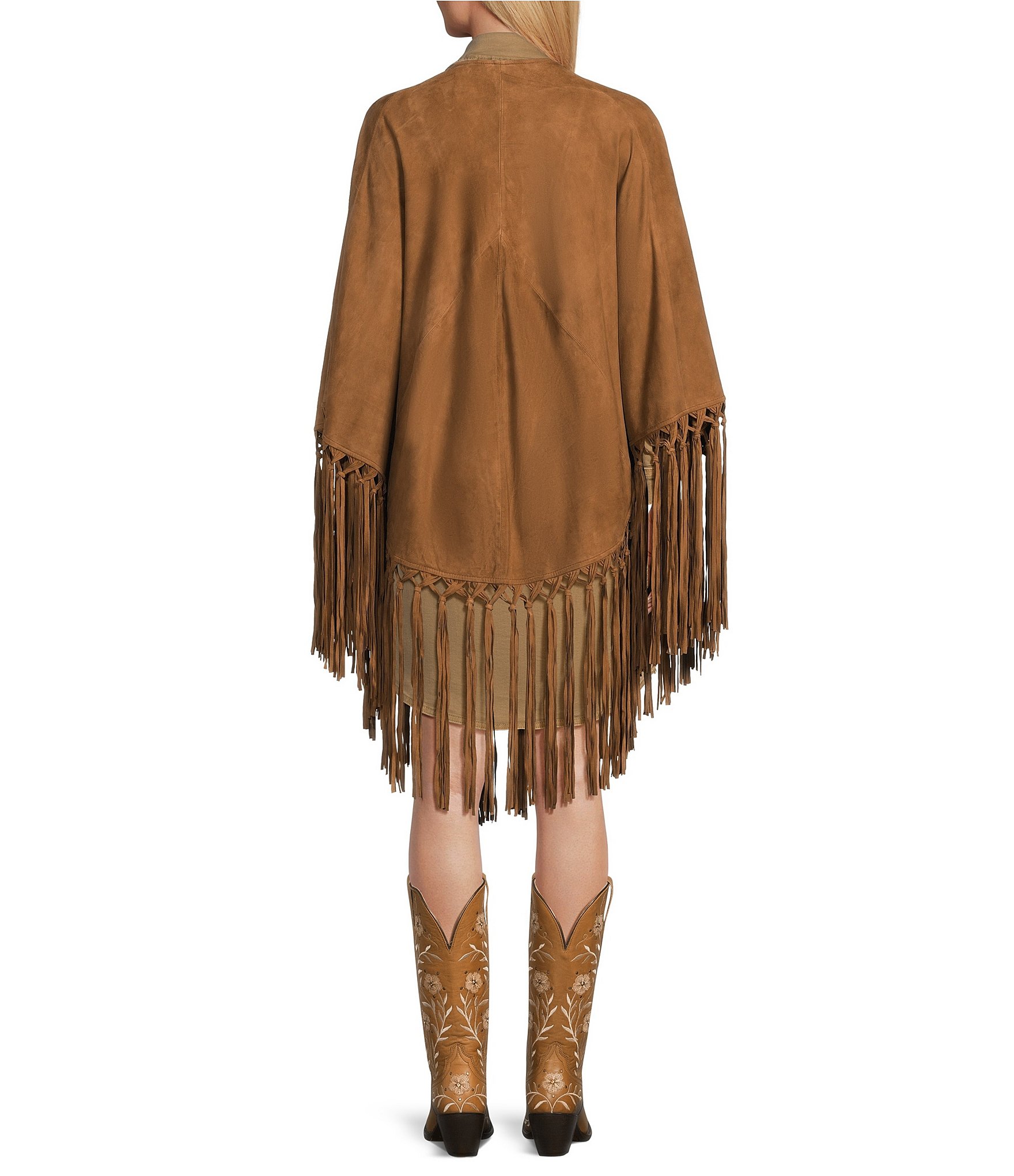 Reba Suede Open Front Fringe Detail Cape