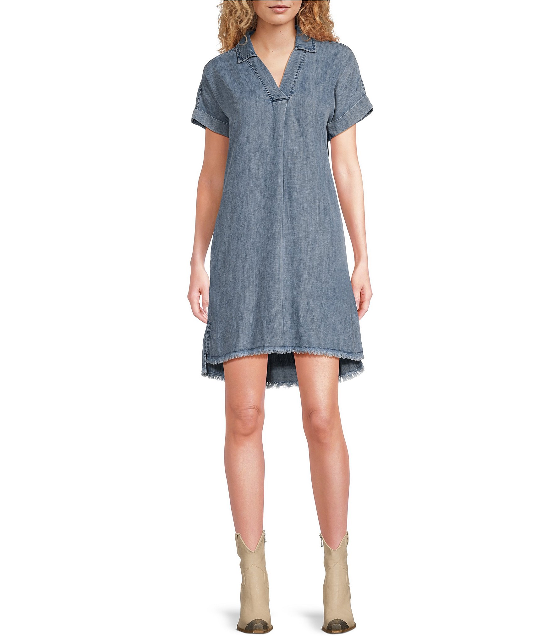 Reba V-Neck Short Cap Sleeve Frayed Hem Chambray Shift Dress | Dillard's