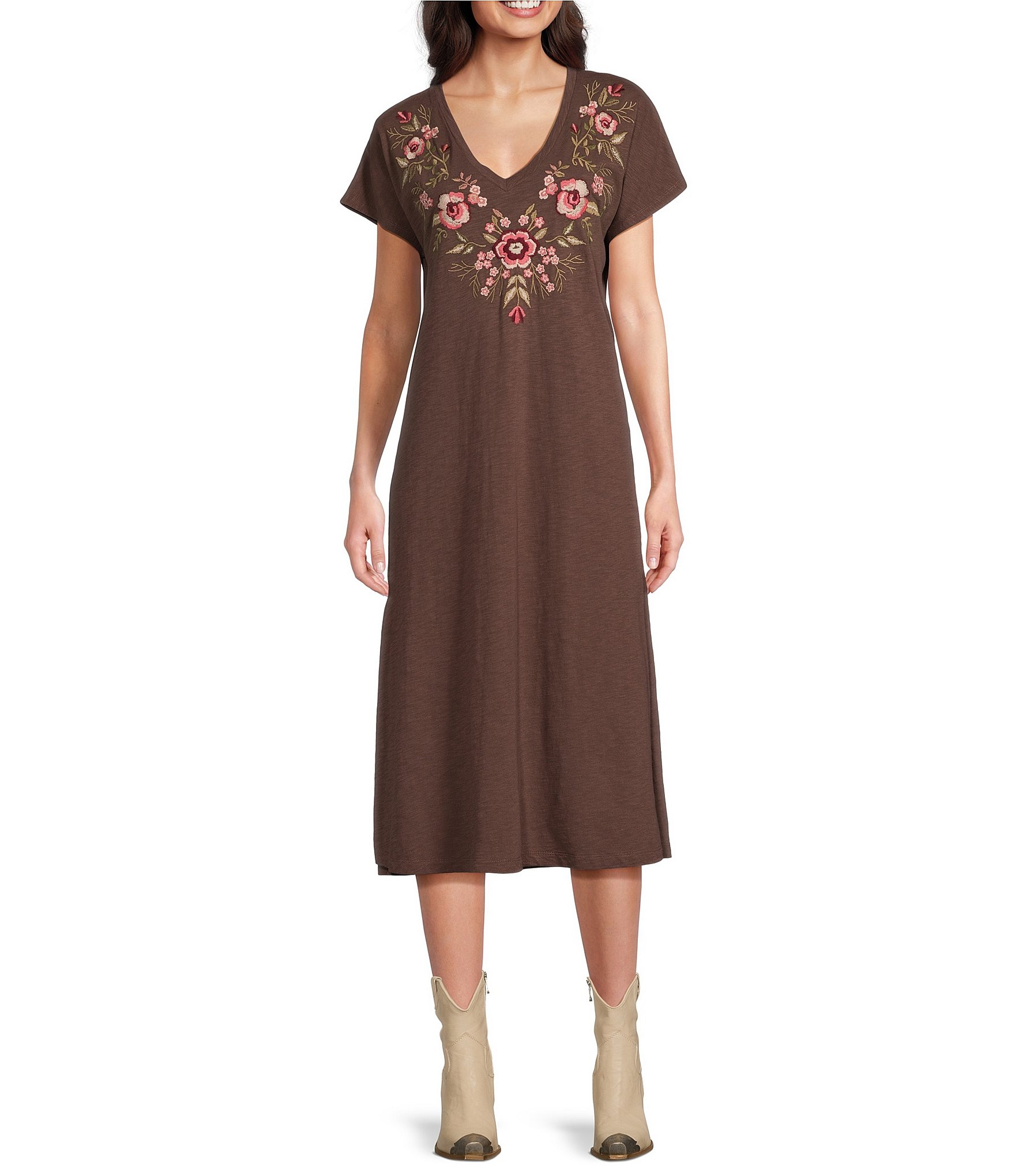 Reba V-Neck Short Sleeve Floral Embroidered Knit Shift Midi Dress | Dillard's