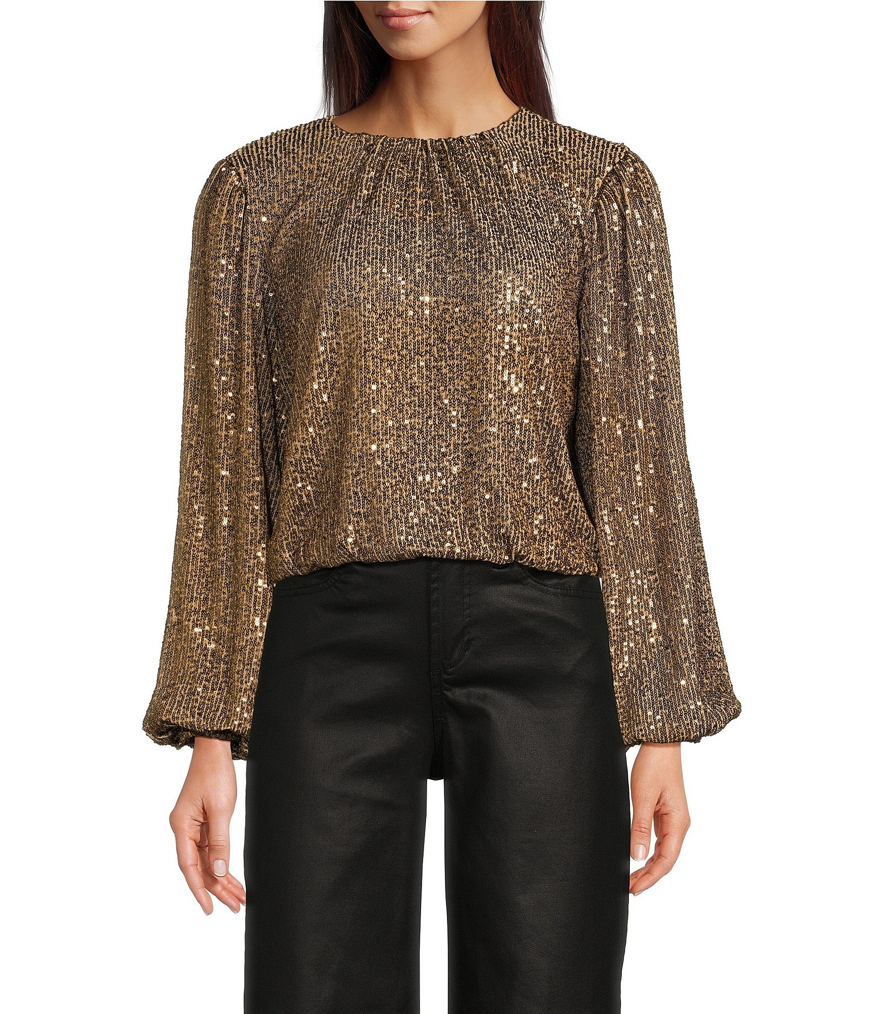 Reba Woven Mesh Sequin Ruched Crew Neck Long Peasant Sleeve Back ...