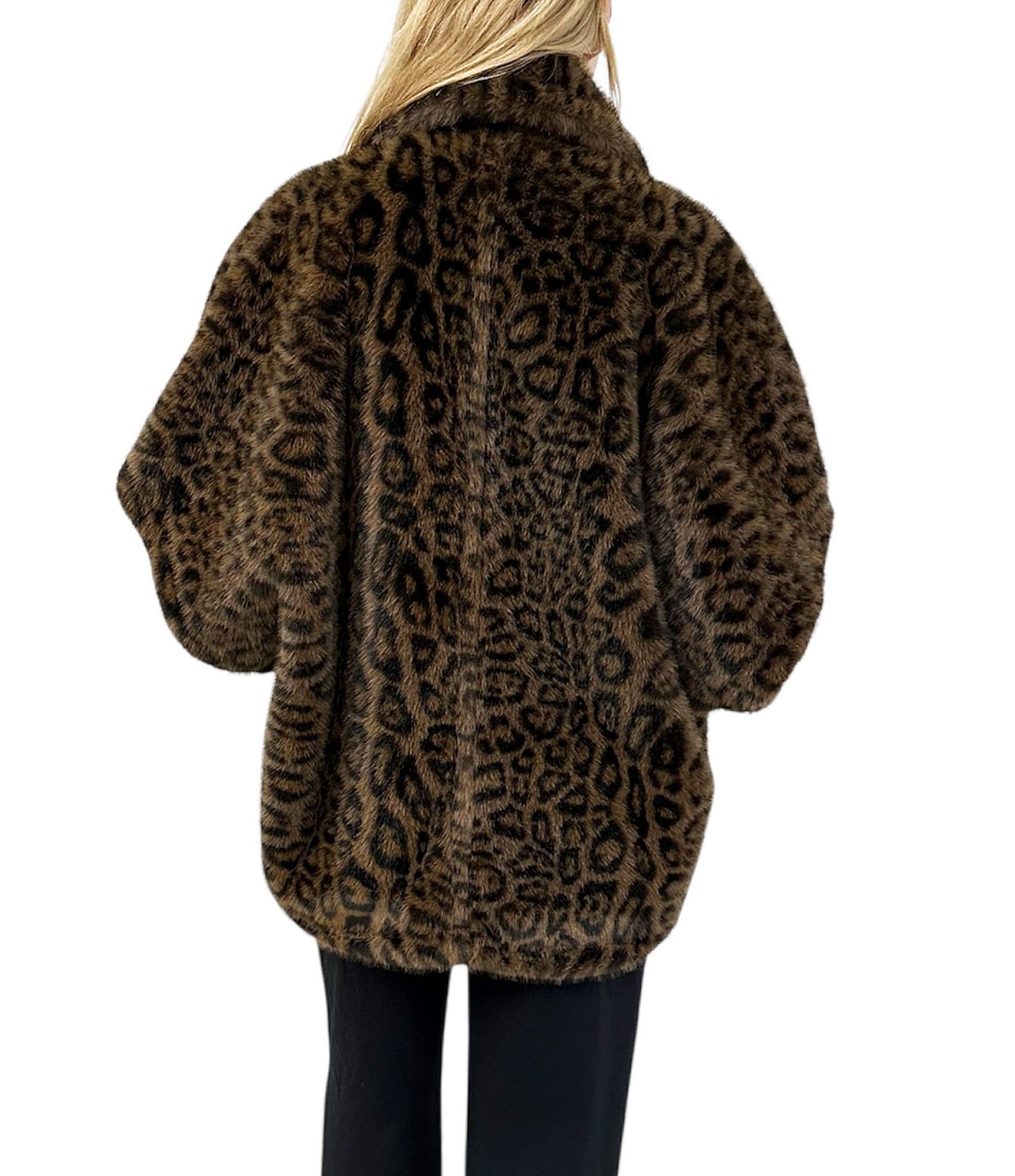 REBECCA MINKOFF Faux Fur Leopard Notch Collar Sleeveless Snap Front Capelet Jacket