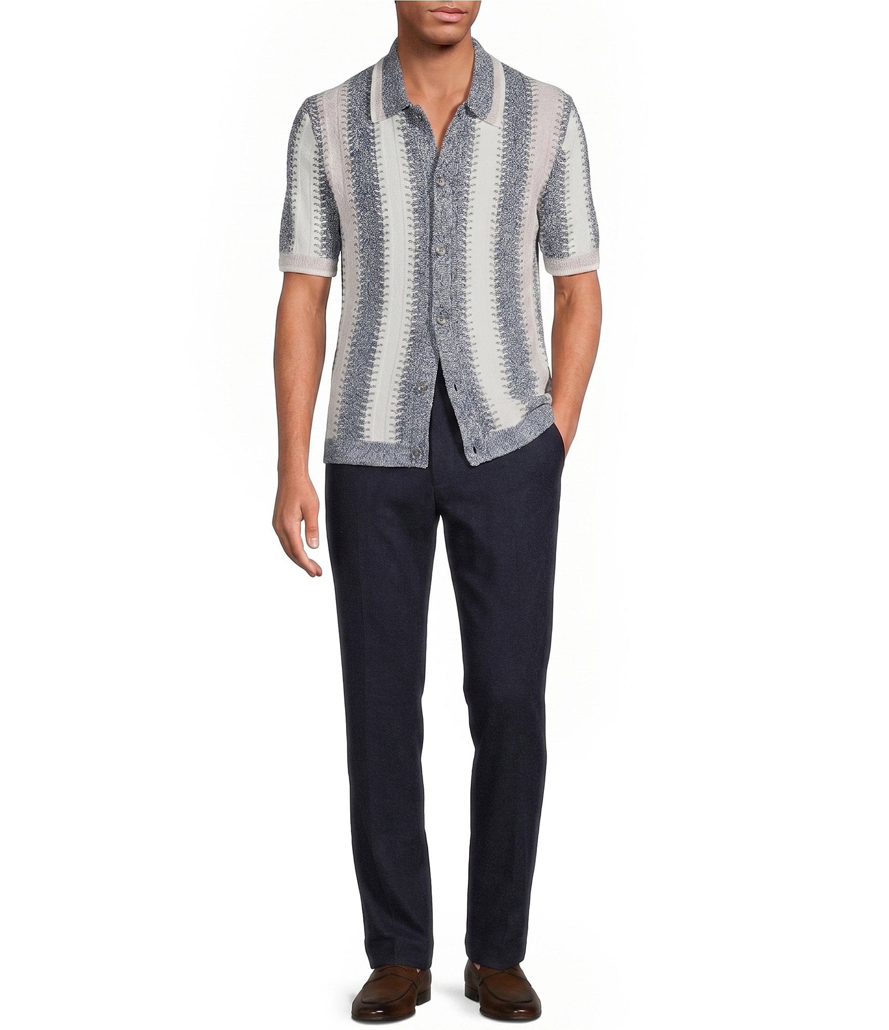 Reiss Dale Slim Fit Striped Knitted Short Sleeve Woven Shirt