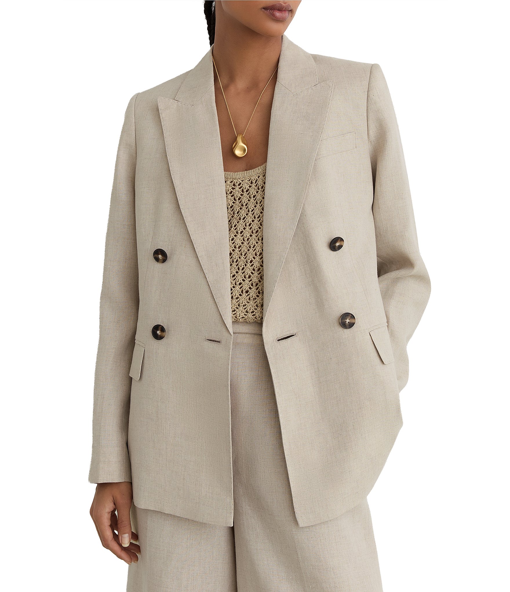Reiss Double-Breasted Woven Linen Peak Lapel Collar Long Sleeve Button-Front Blazer