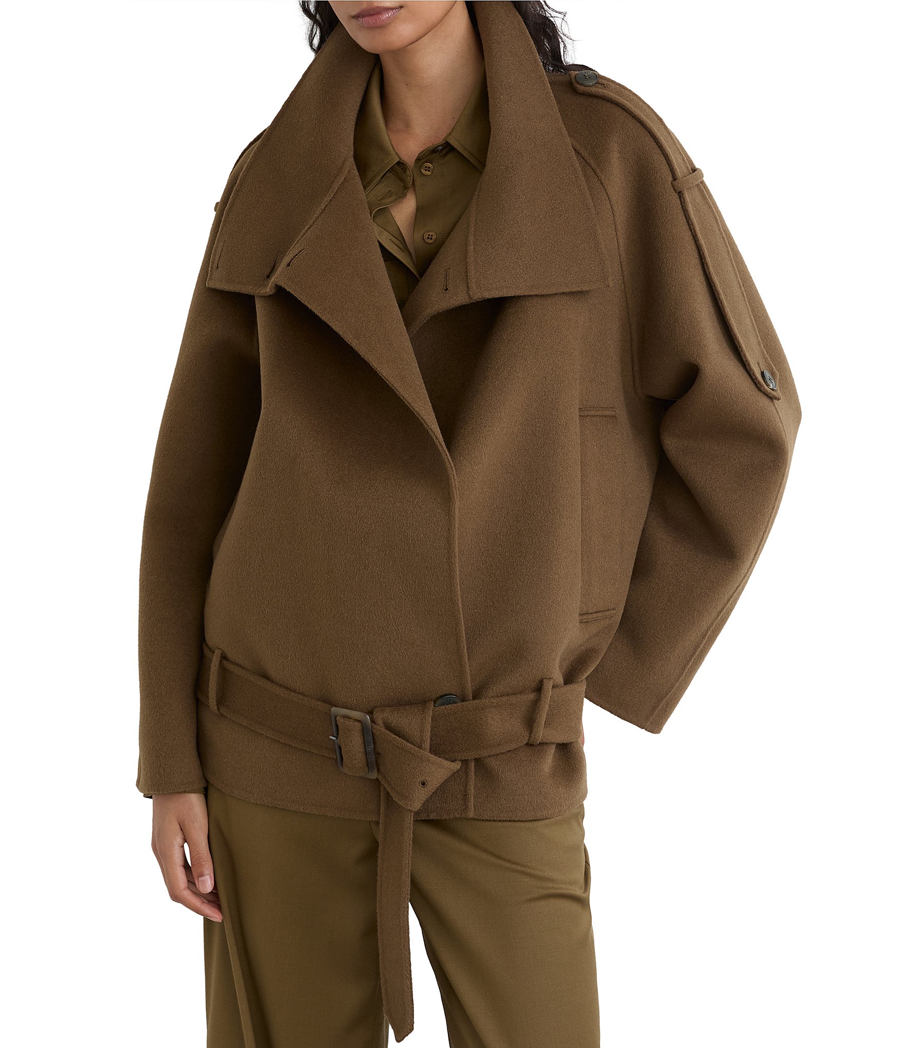 Reiss Lea Brushed Double-Faced Wool-Blend Funnel Neck Long Sleeve Belted Short Coat