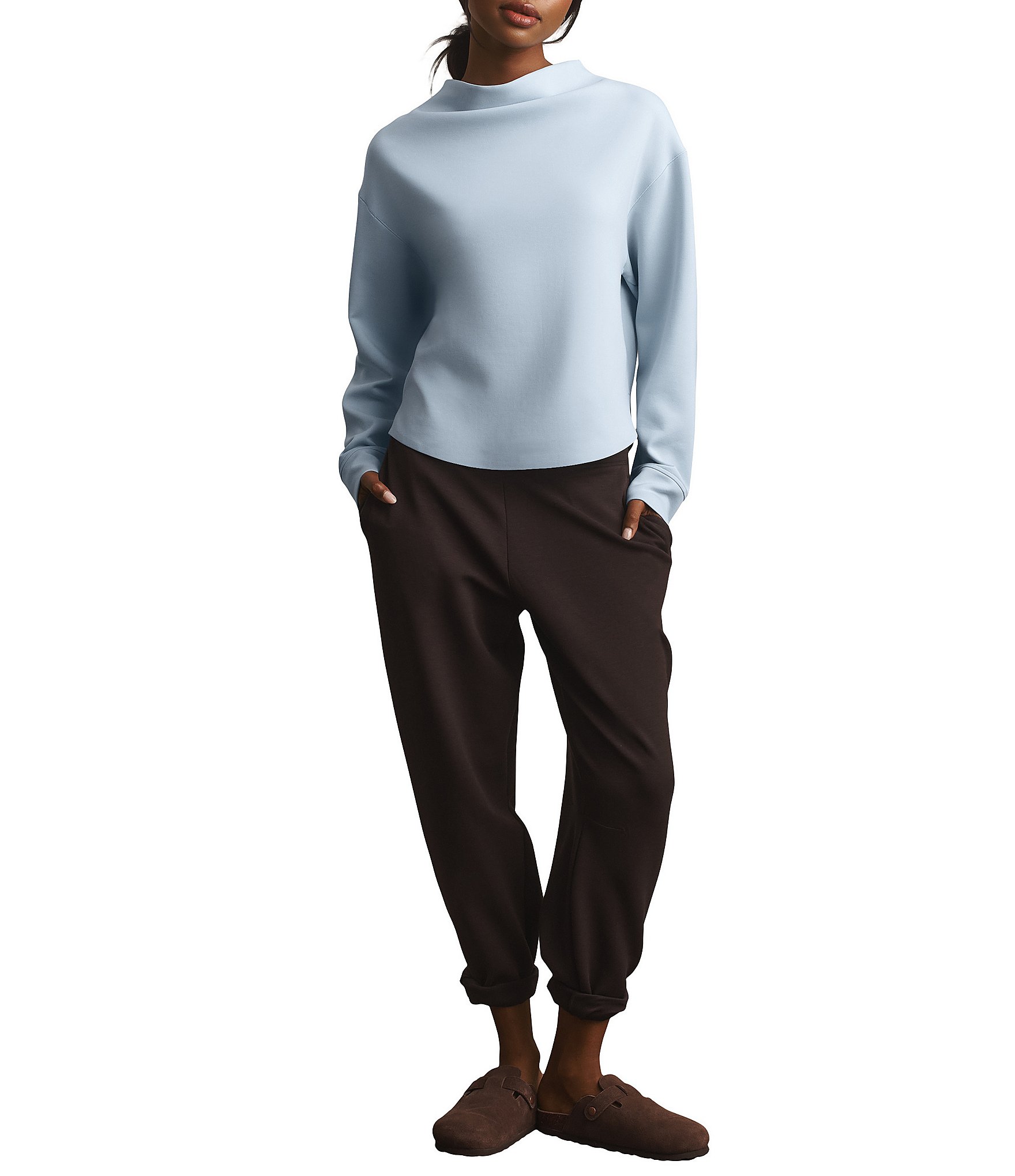 RHONE DreamGlow Easy Mock Neck Long Sleeve Curved Hem Pullover