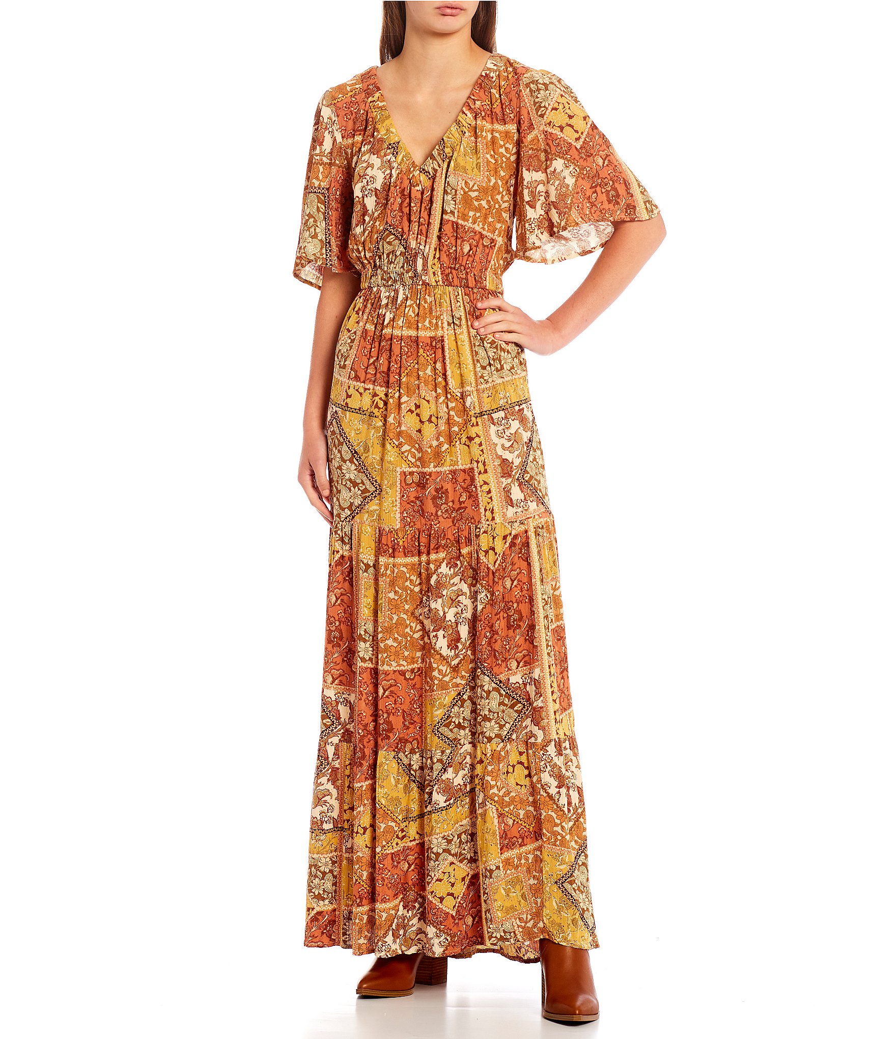 Rip Curl Wanderer V-Neck Short-Sleeve Yardage-Print Long Dress | Dillard's