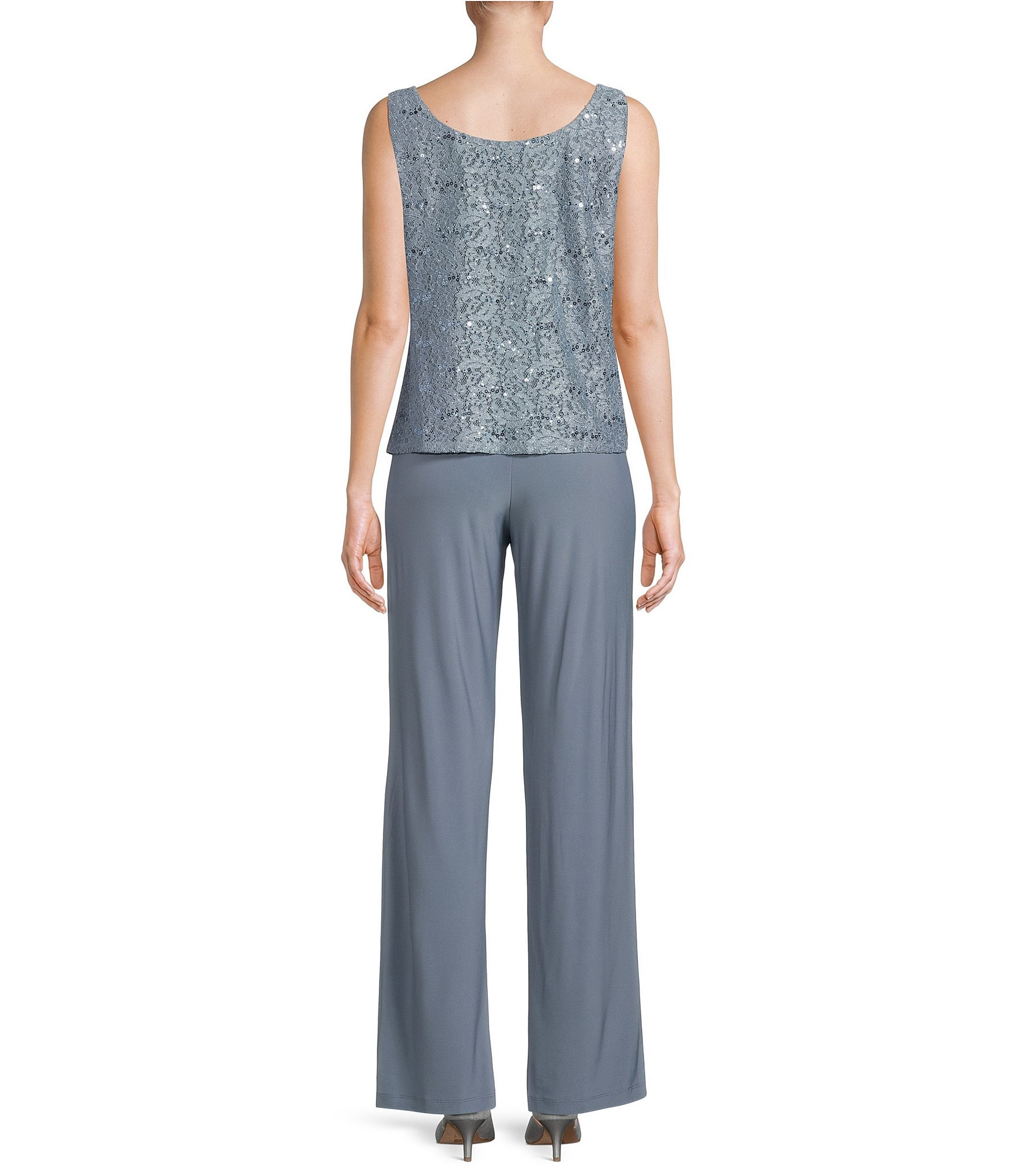 R & M Richards Sequin Glitter Scalloped Lace Scoop Neck 3/4 Sleeve 3-Piece Duster Pant Set