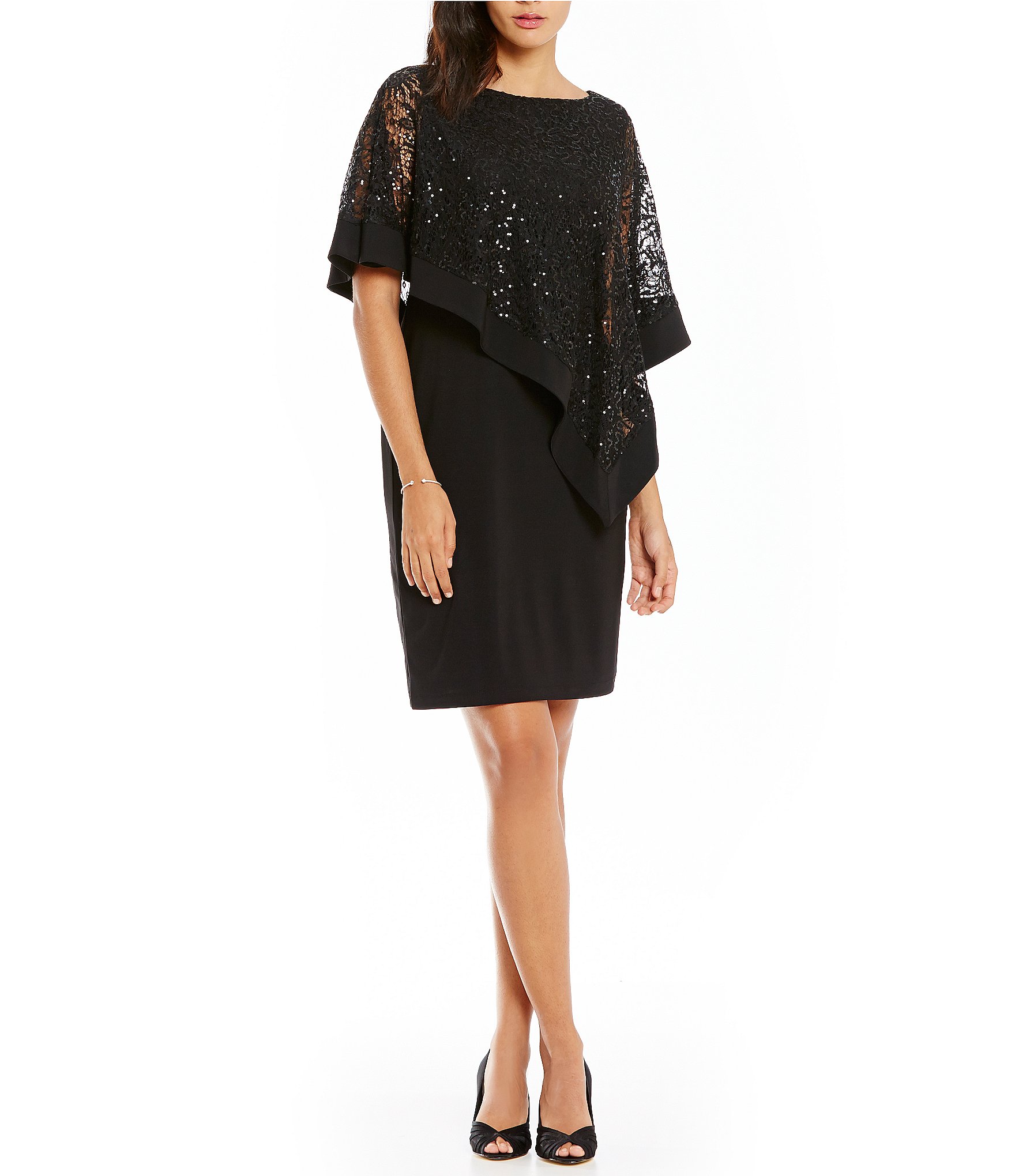 R&M Richards Petite Sequin Lace Asymmetrical Cape Dress | Dillards