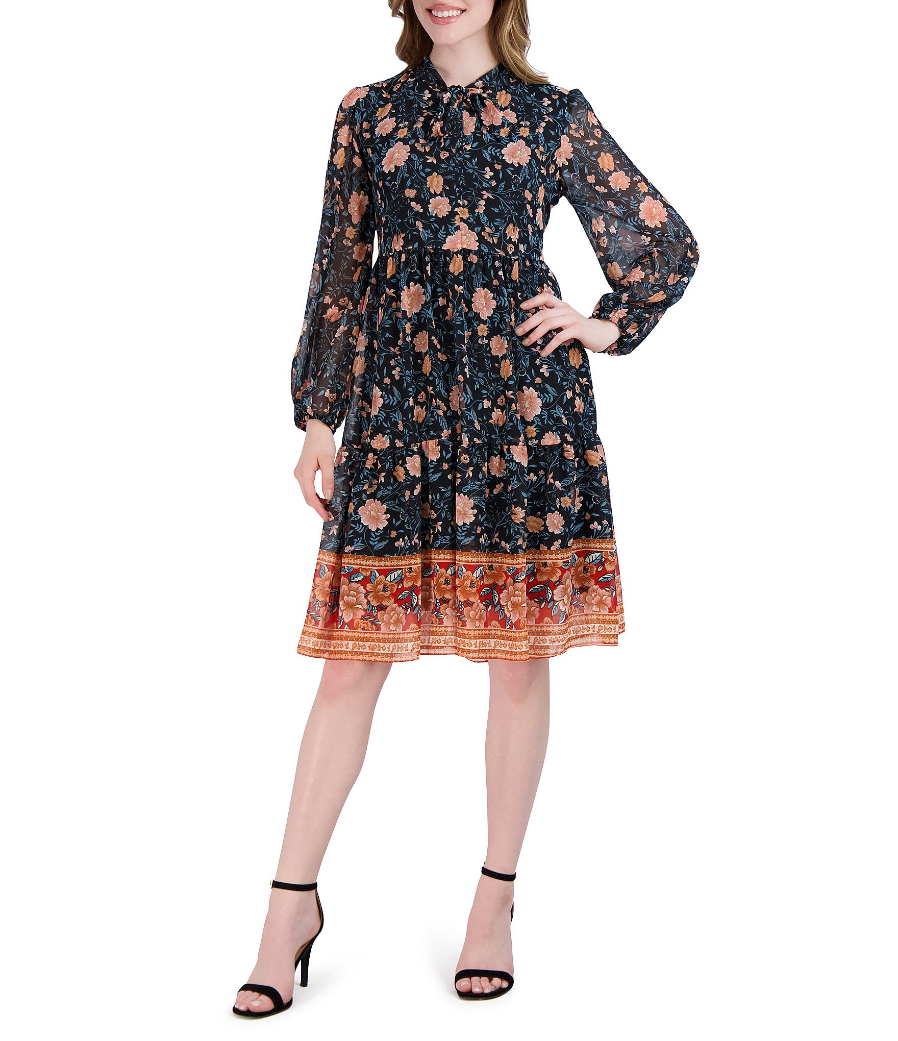 Robbie Bee Long Sleeve V-Neck A-Line Floral Print A-Line Dress | Dillard's