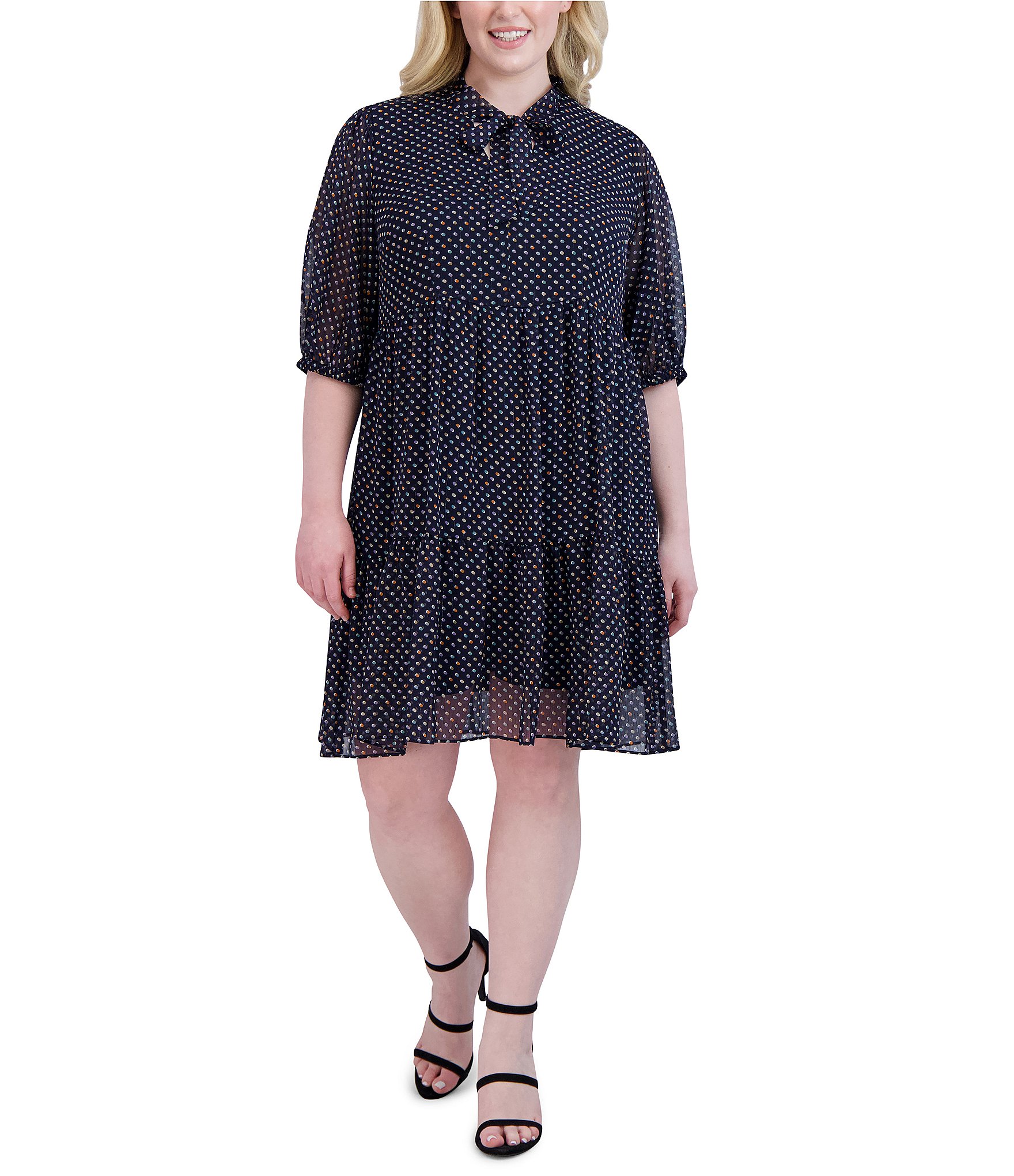 Robbie Bee Plus Size Dot Print Short Sleeve Bow Tie V-Neck Chiffon ...