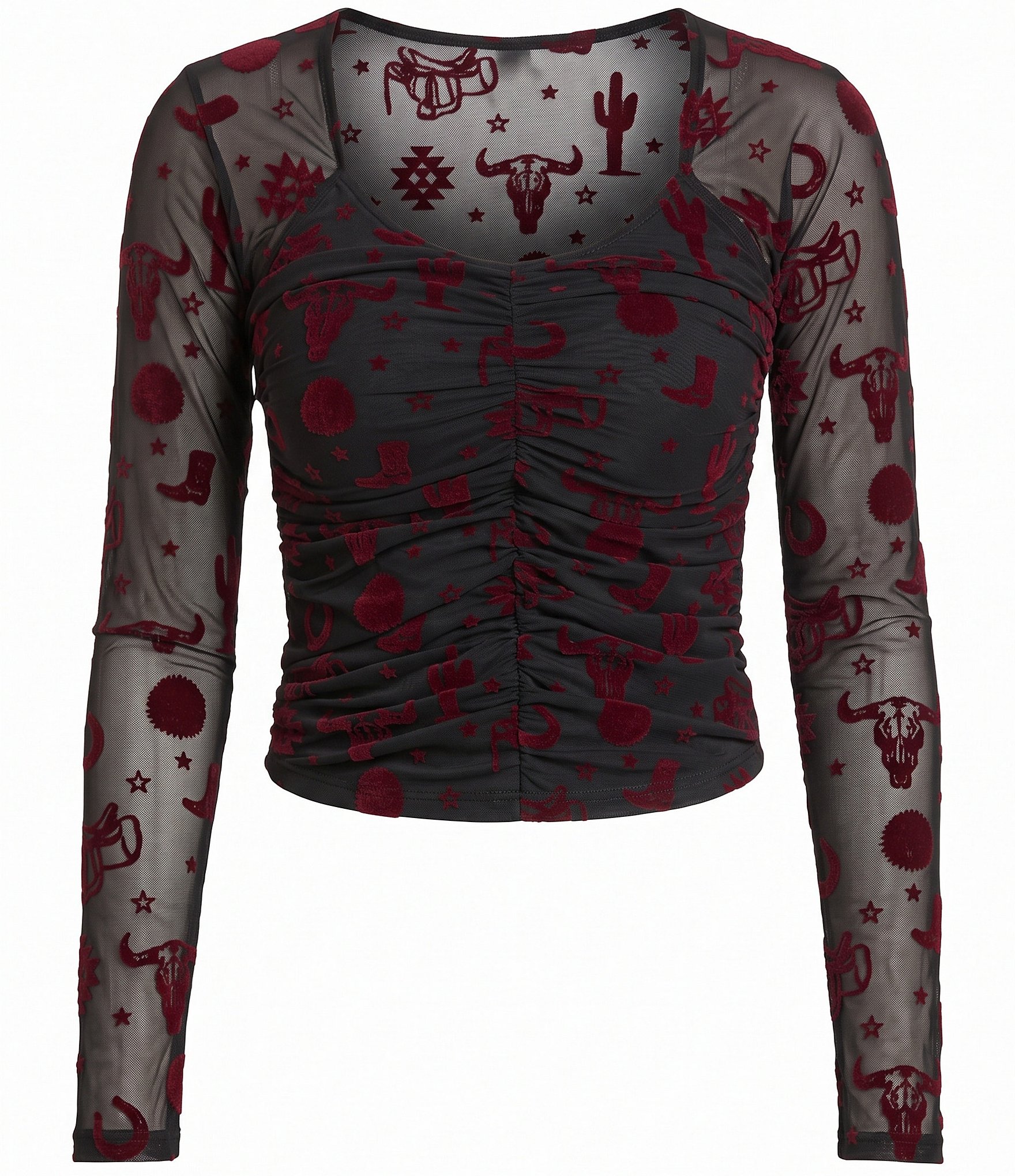 Rock & Roll Denim Flocked Print Long Sleeve Top