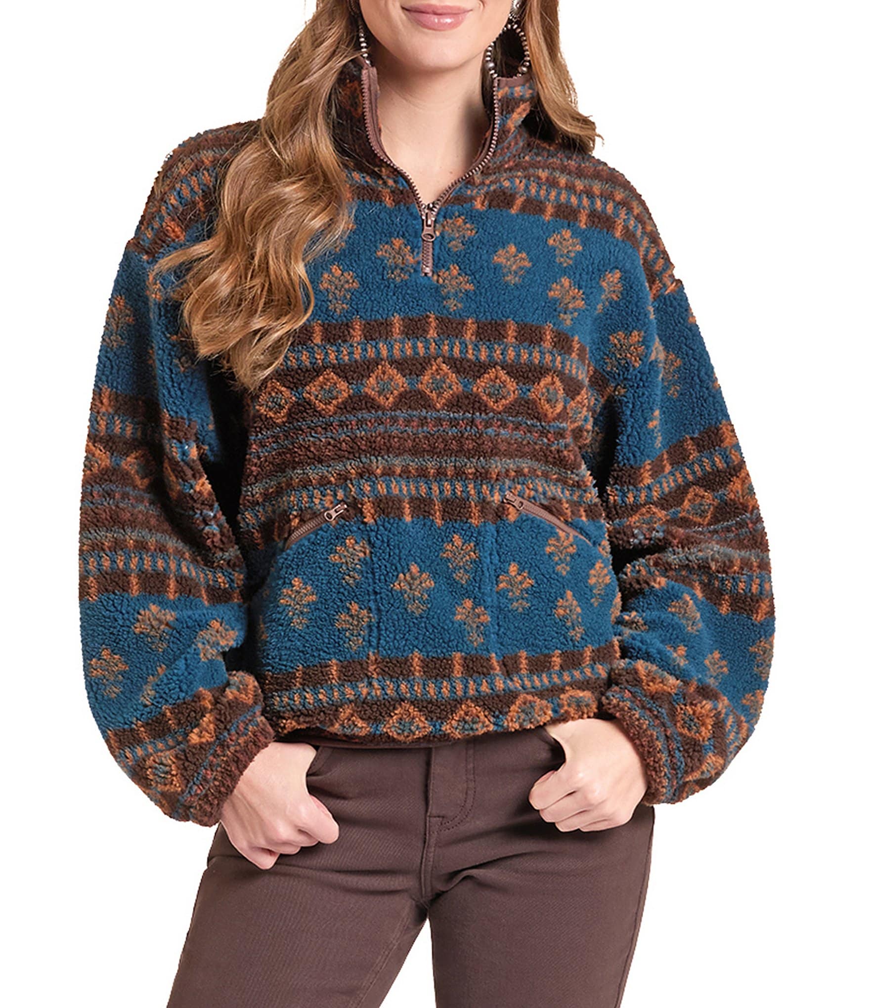 Rock & Roll Denim Multi Print Sherpa Band Collar Long Sleeve Jacket