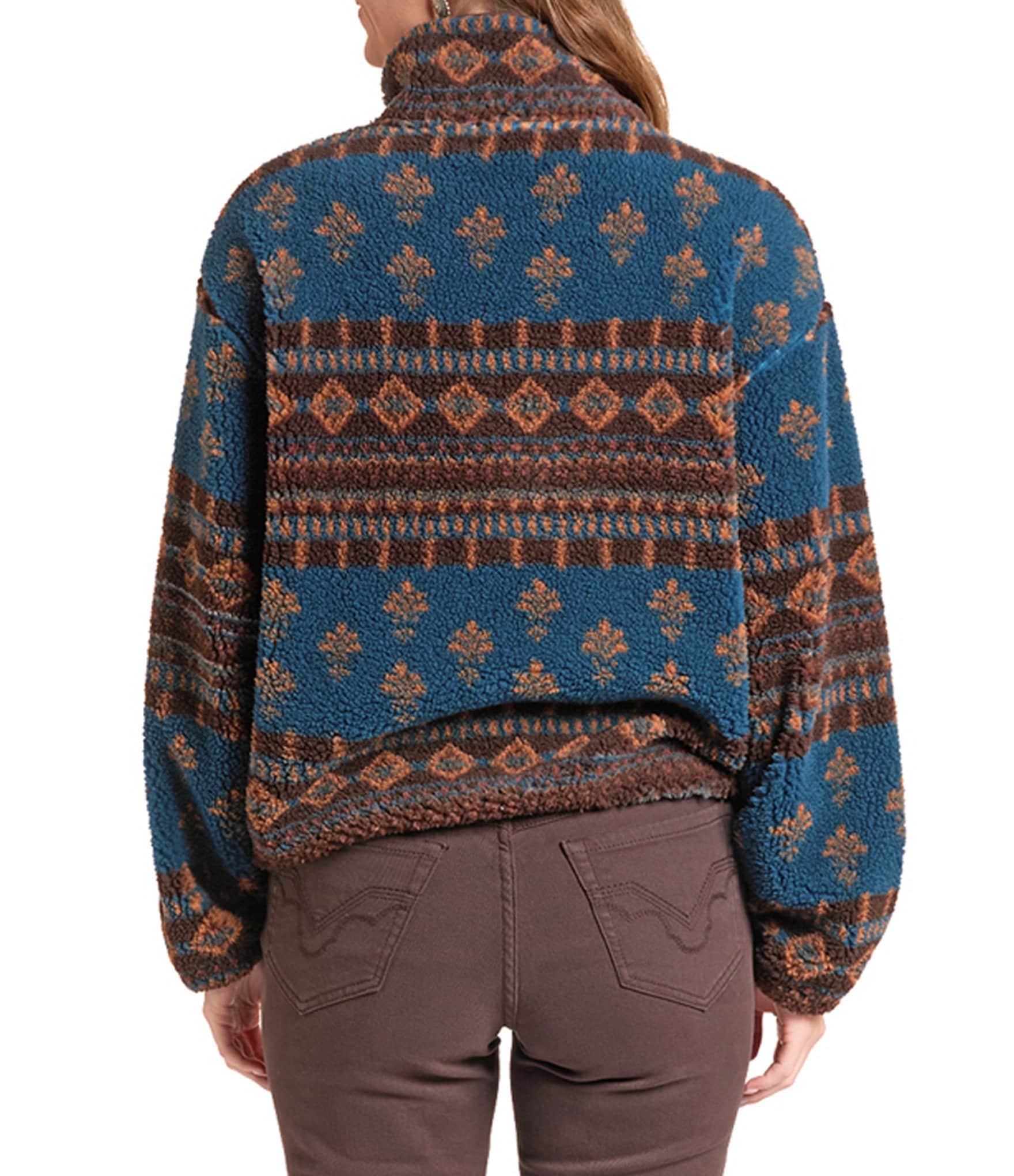 Rock & Roll Denim Multi Print Sherpa Band Collar Long Sleeve Jacket
