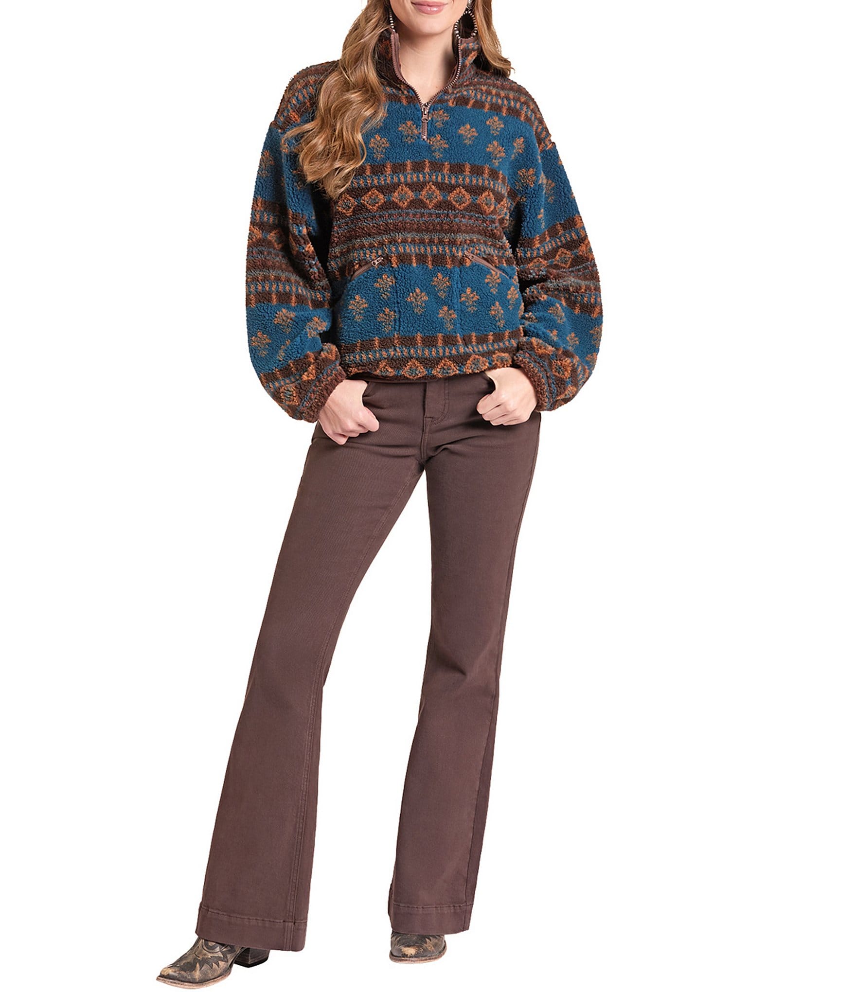 Rock & Roll Denim Multi Print Sherpa Band Collar Long Sleeve Jacket