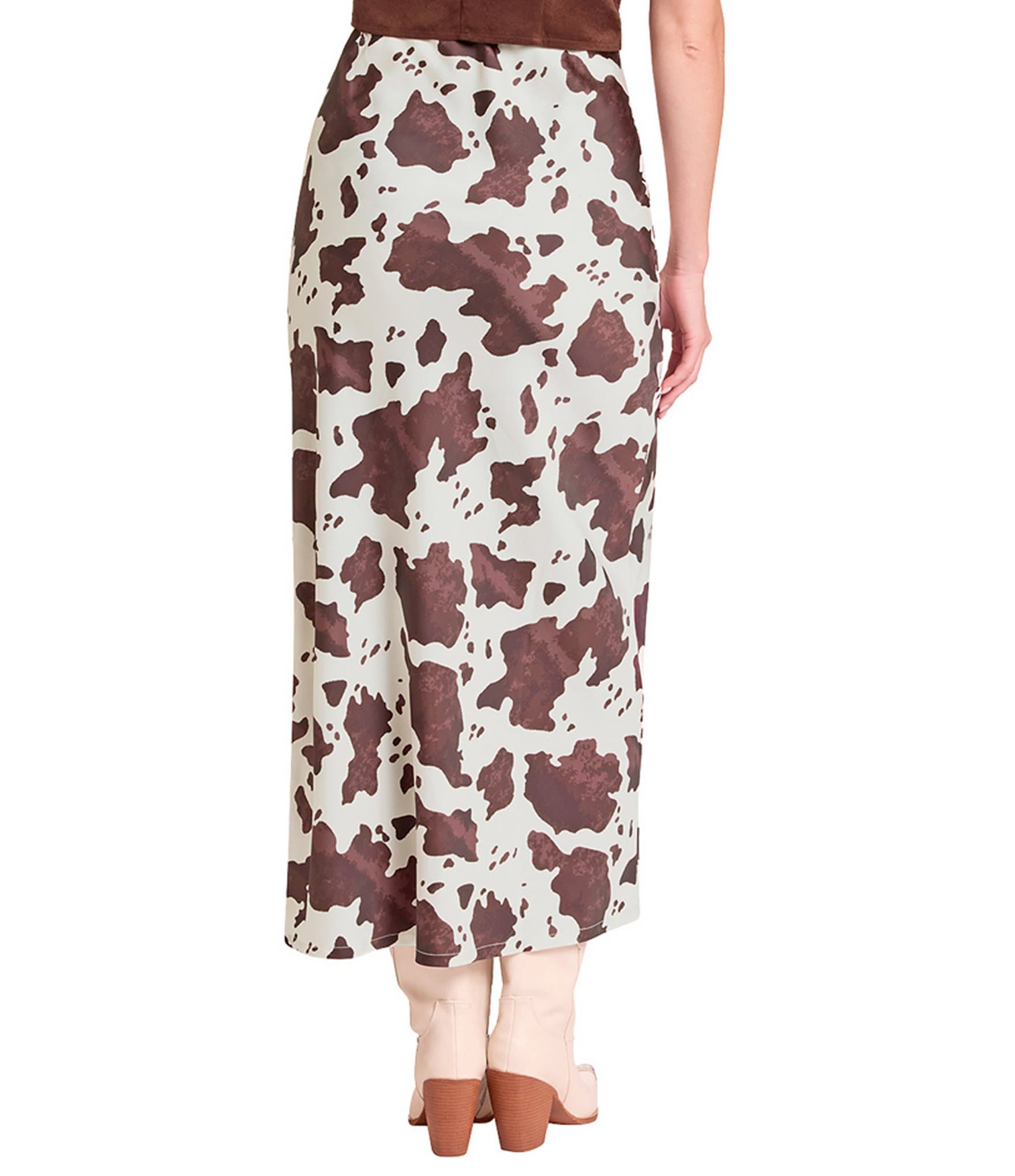 Rock & Roll Denim Satin Cowhide Print High Waist Midi Skirt