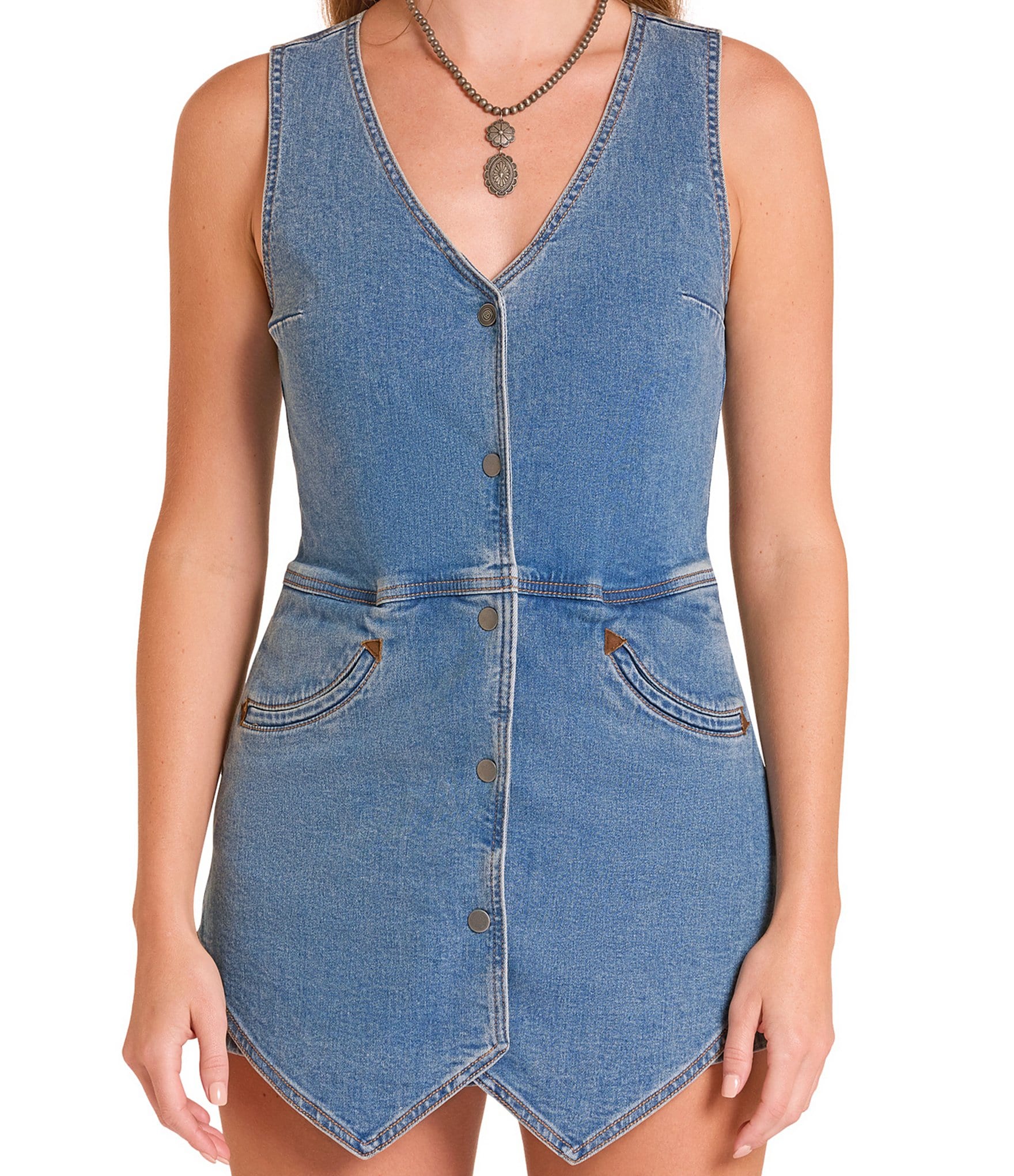 Rock & Roll Denim V-Neck Sleeveless Denim Vest Romper