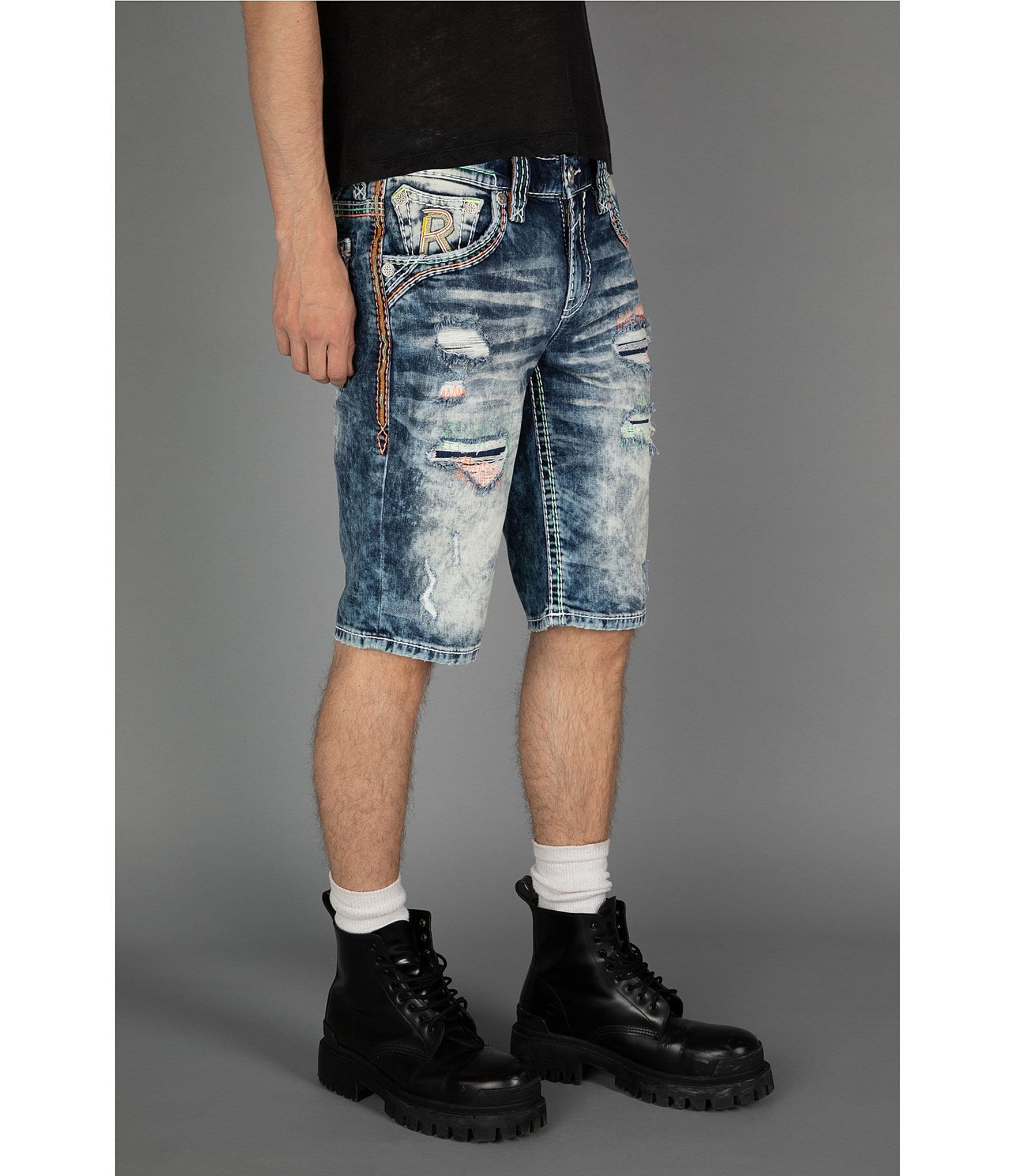 Rock Revival Arlo Fleur-De-Lis#double;R#double; Logo Pocket 13.5#double; Denim Shorts