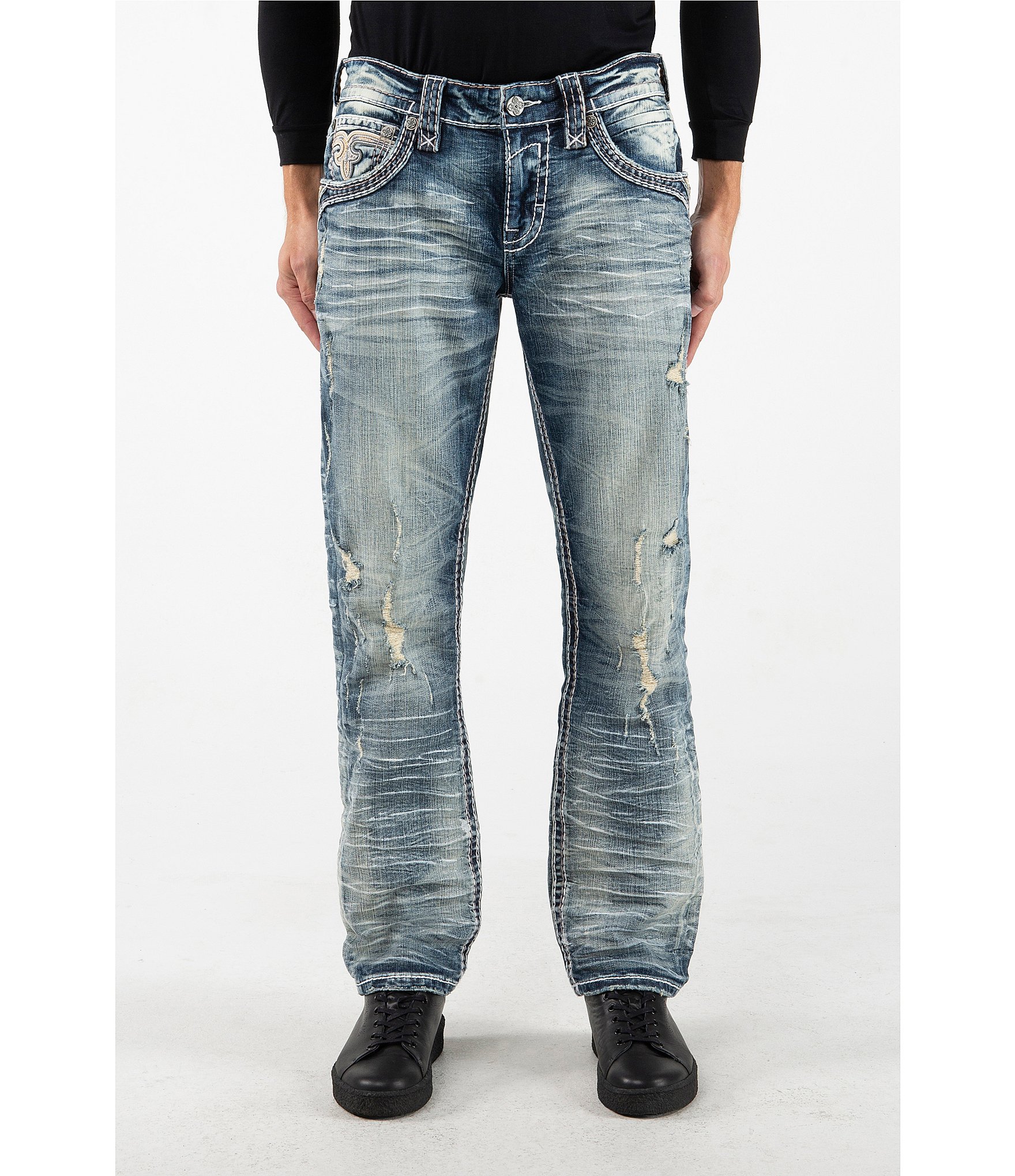 Rock Revival Kelley Fleur-De-Lis- Pocketed Destructed 5-Pocket Jeans ...