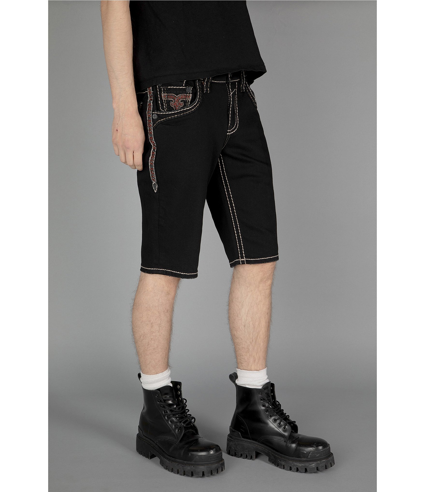 Rock Revival Marion Fleur-De-Lis Pocket 13.5#double; Black Denim Shorts