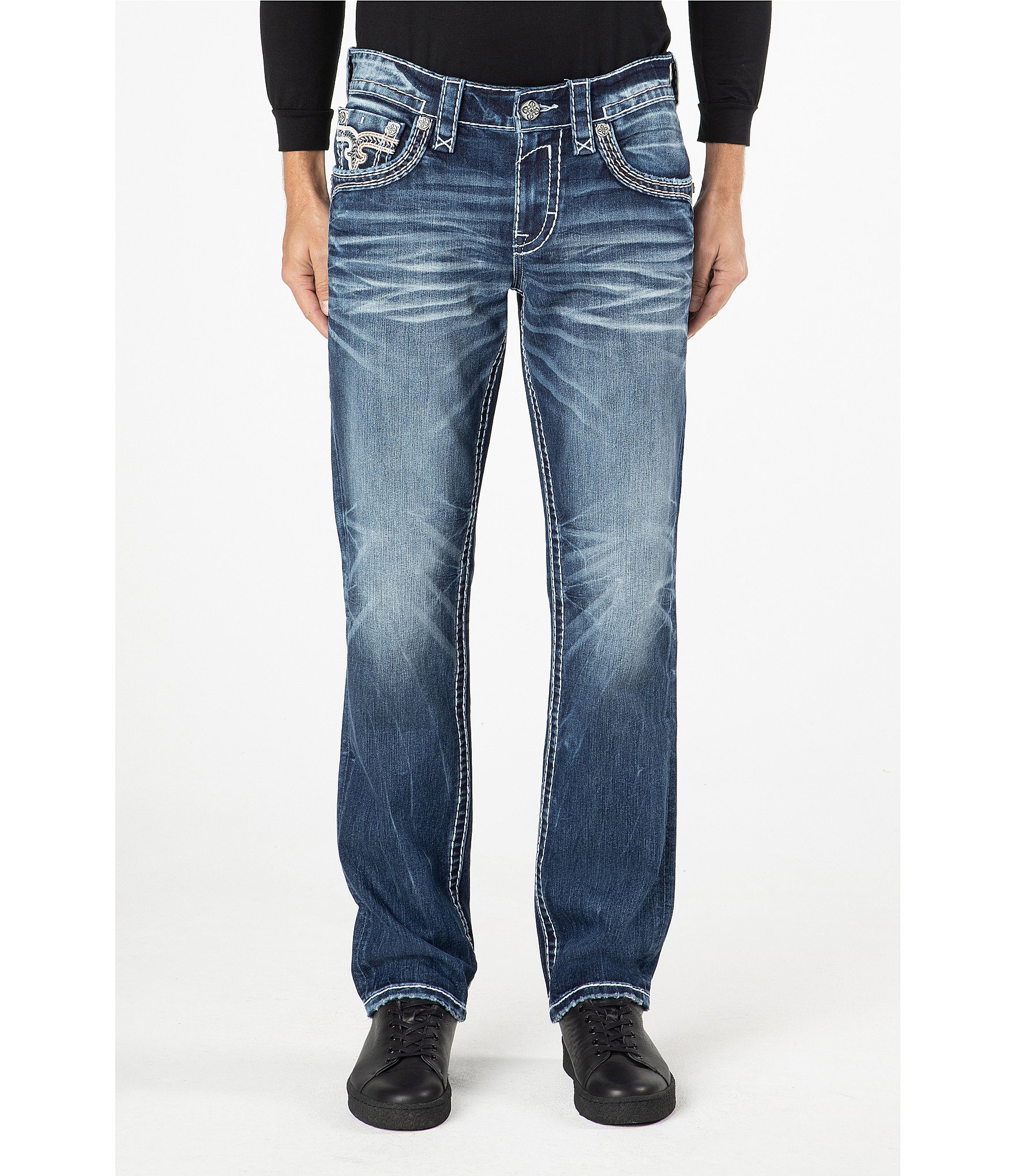 Rock Revival Ervine Straight-Fit Inverted-Fleur-De-Lis-Pocket 32#double; Inseam Jeans