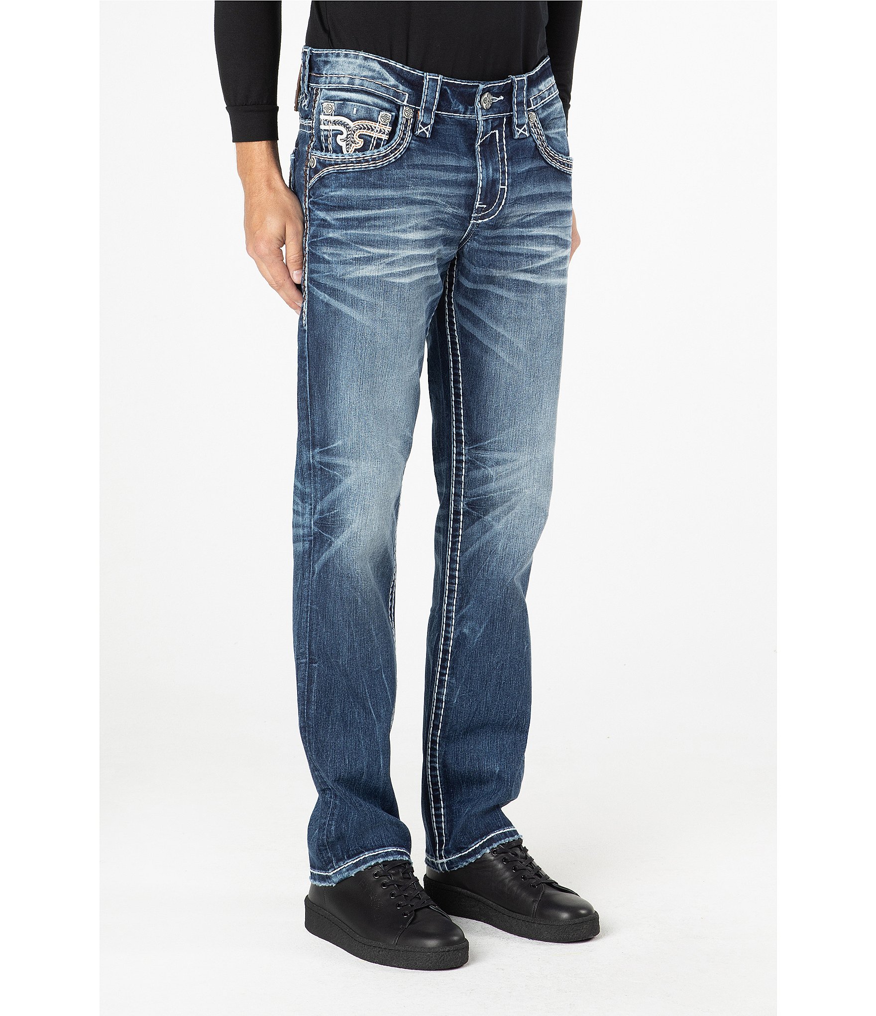 Rock Revival Ervine Straight-Fit Inverted-Fleur-De-Lis-Pocket 32#double; Inseam Jeans