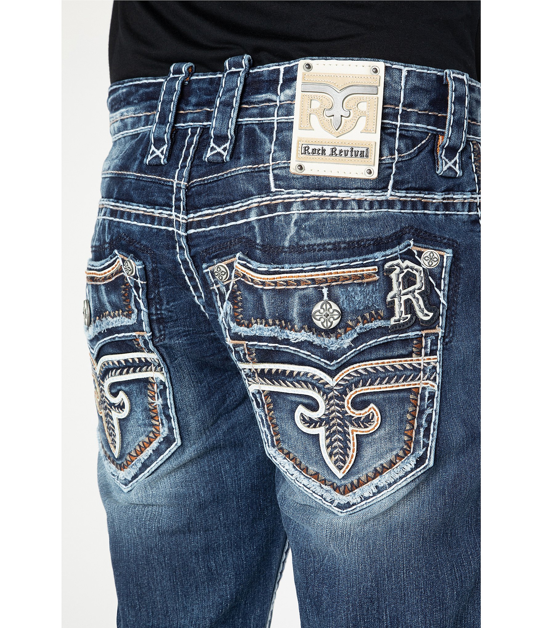 Rock Revival Ervine Straight-Fit Inverted-Fleur-De-Lis-Pocket 32#double; Inseam Jeans