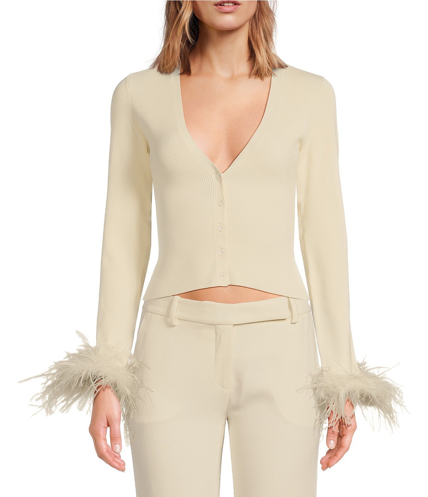 RONNY KOBO Aiden Rib Knit Plunge V-Neck Long Sleeve Feather Trim Cuffs  Button-Front Cardigan | Dillard's
