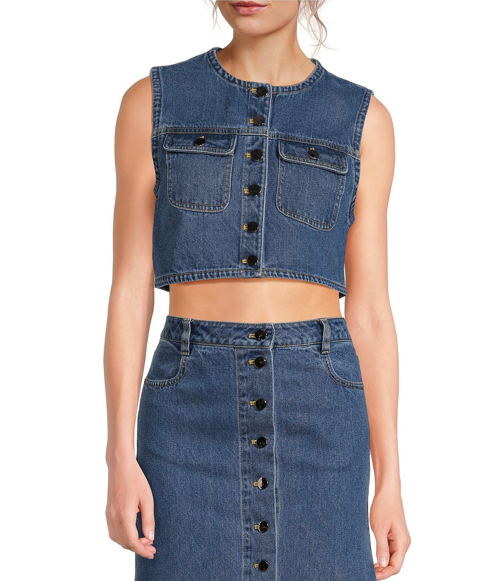 RONNY KOBO Guise Denim Round Neck Cropped Button Front Vest