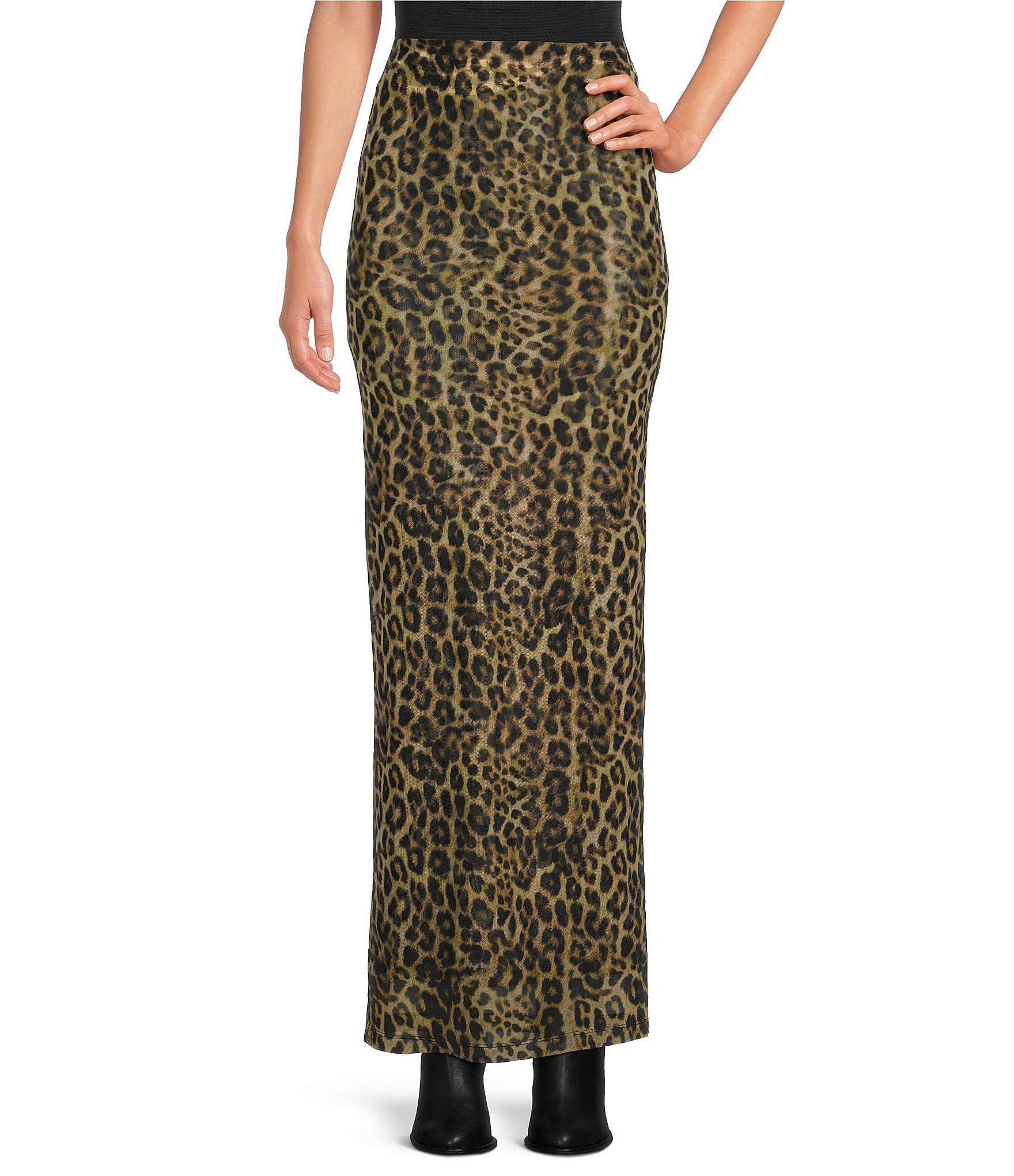 RONNY KOBO Madrid Stretch Mesh Leopard Print Pencil Coordinating Maxi Skirt